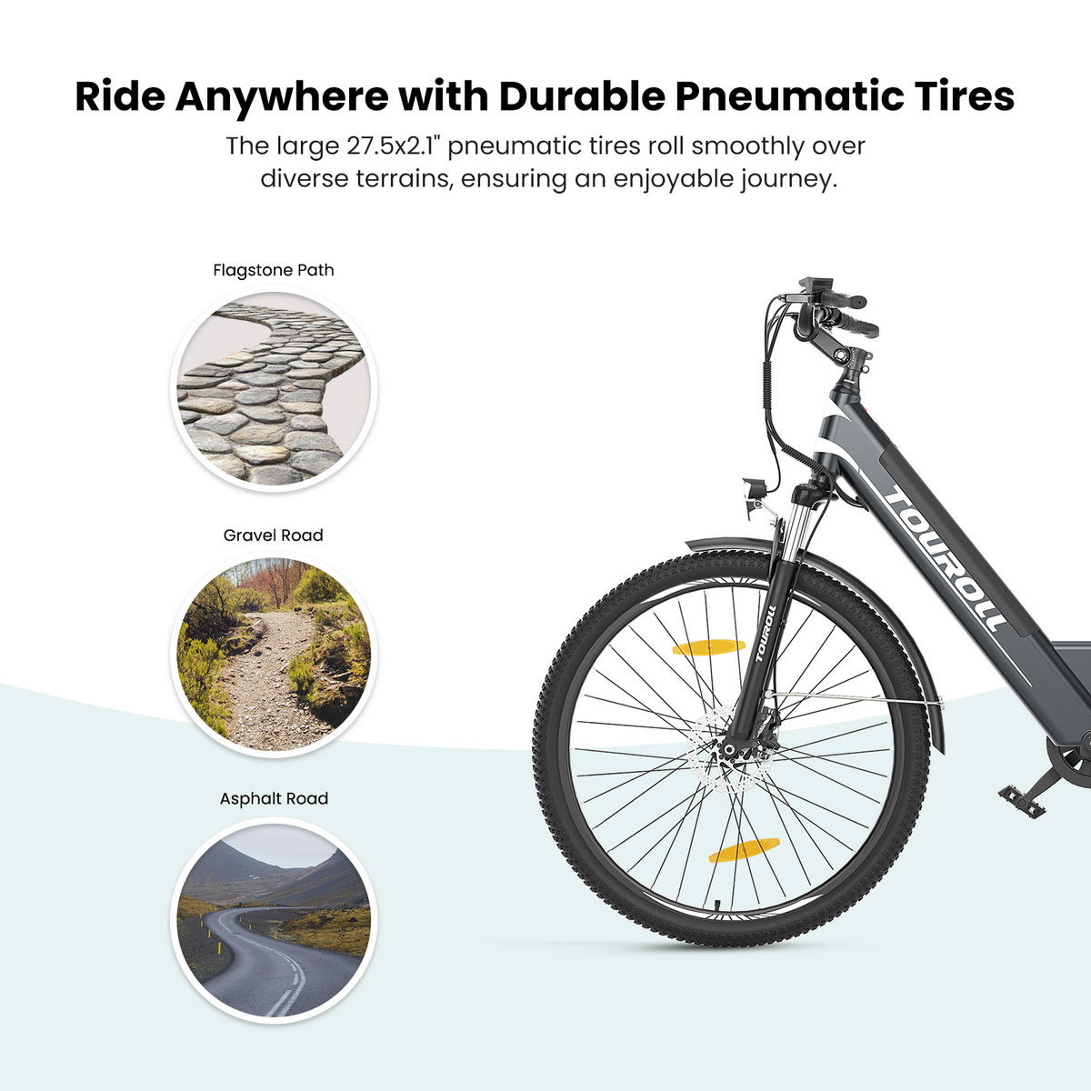 E-Bike mit Luftreifen, zeigt Trittstein-, Schotter- und Asphaltstraßen.