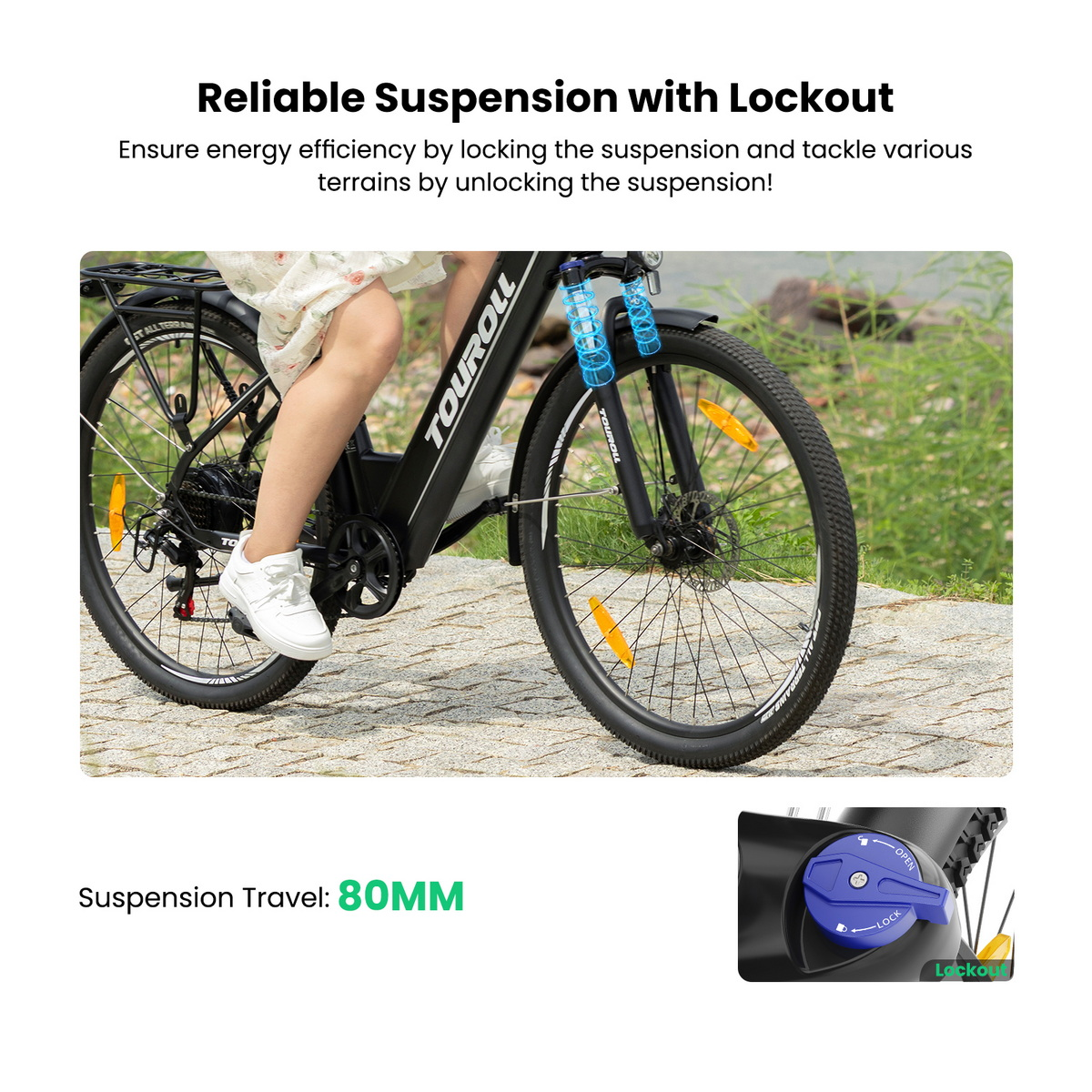 Fahrrad mit Vorderradfederung und Verriegelung, Person fährt es.