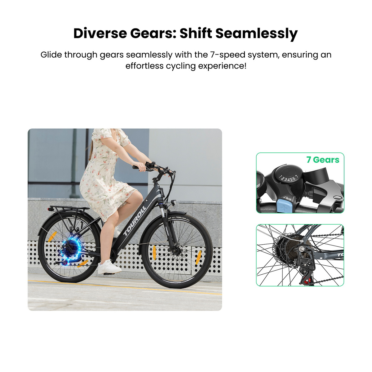Eine Frau fährt ein schwarzes E-Bike mit 7 Gängen. Nahaufnahme der Schaltung.