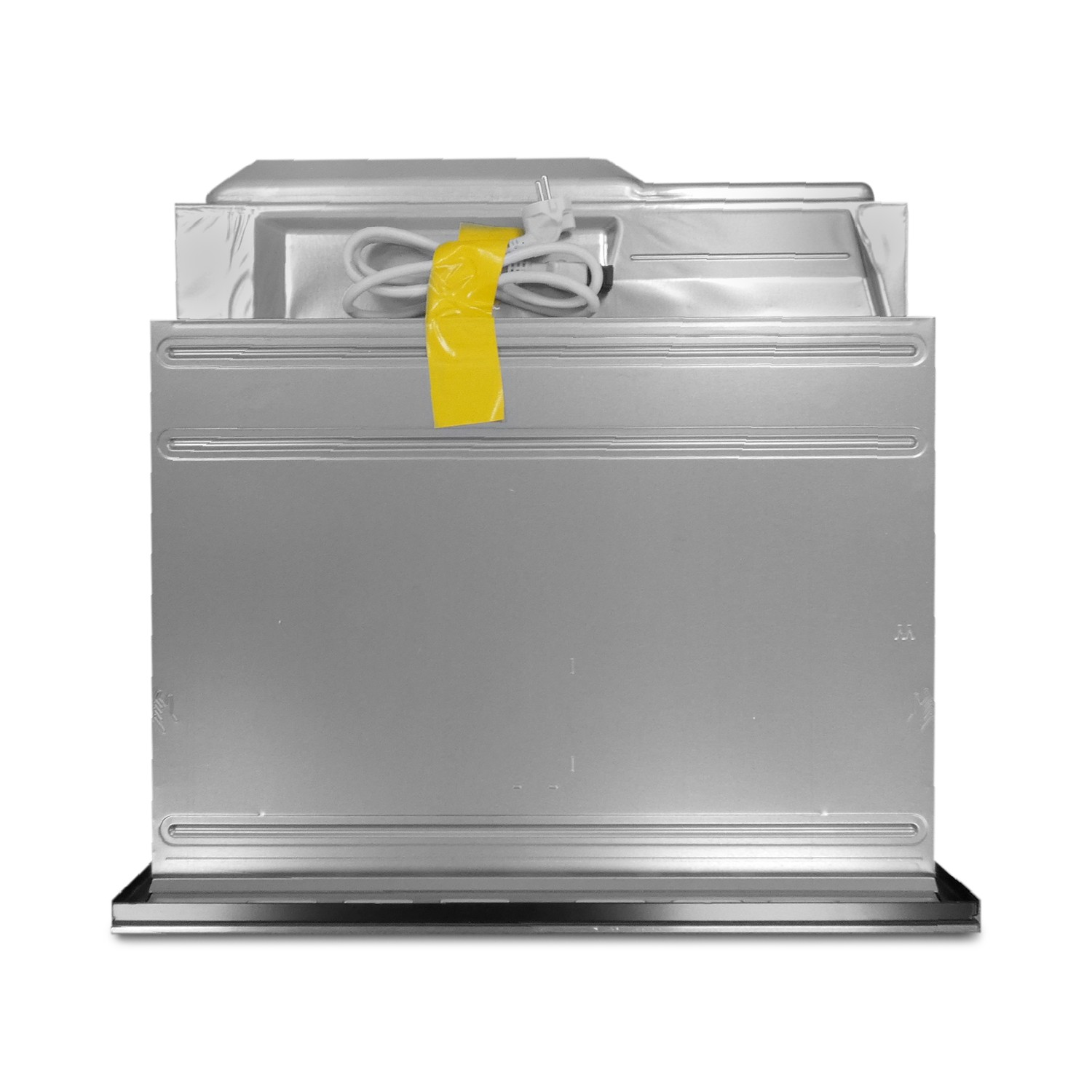 Cappa aspirante argentata con cavo bianco fissato con nastro giallo.