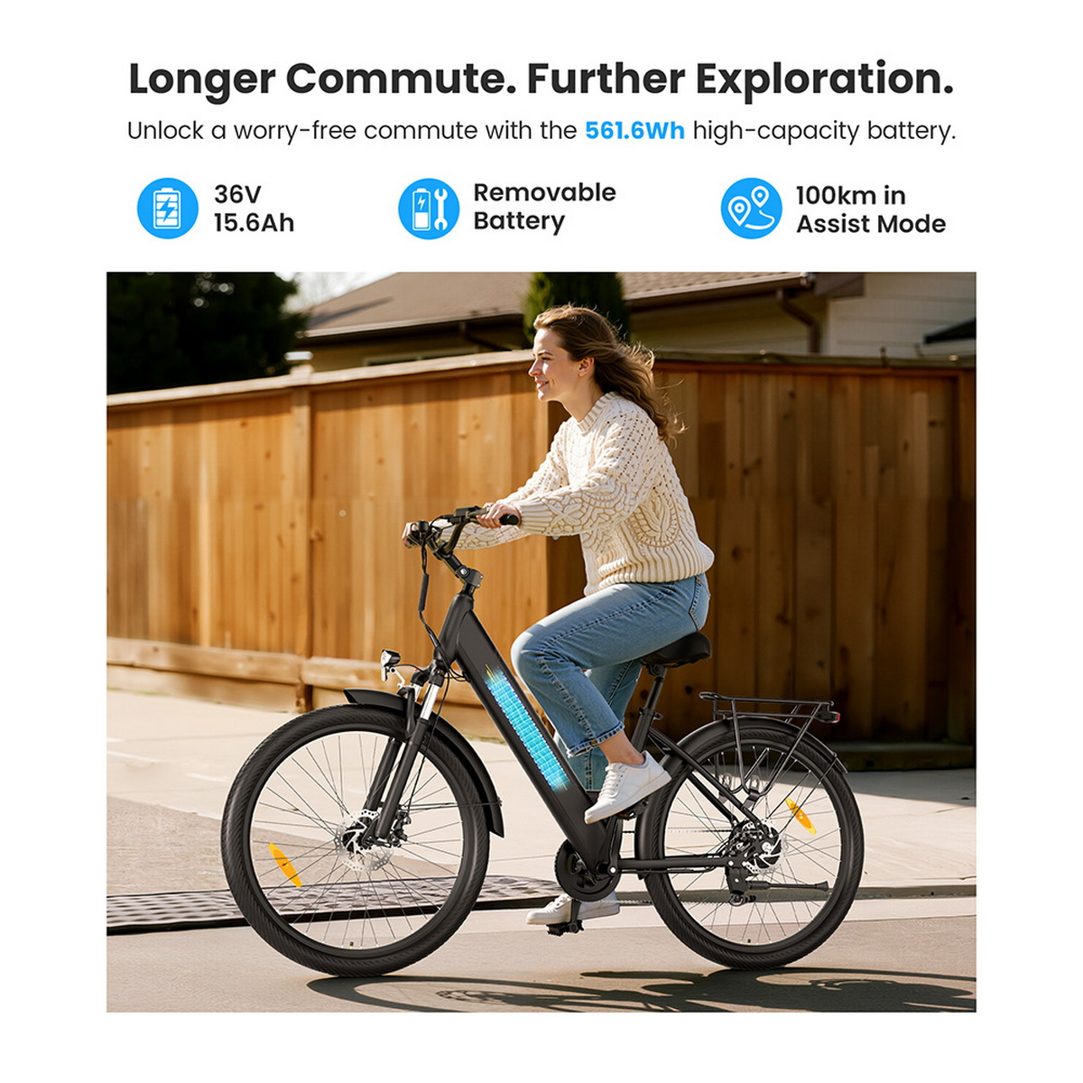 Una mujer monta una e-bike negra con batería visible. El texto destaca 36V, batería extraíble, 100 km de autonomía.