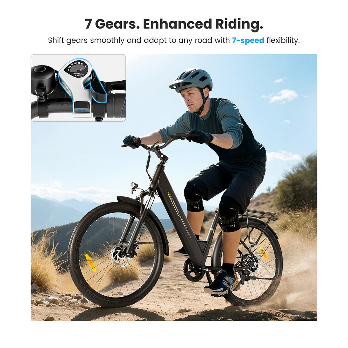 Hombre monta e-bike en camino de tierra, primer plano del cambio