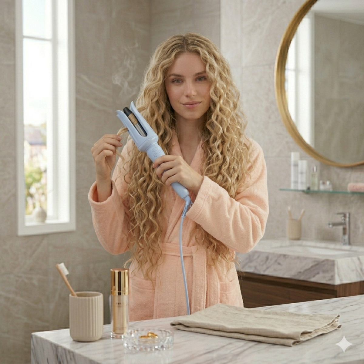 Una mujer con pelo largo y rizado usa un rizador azul en un baño.
