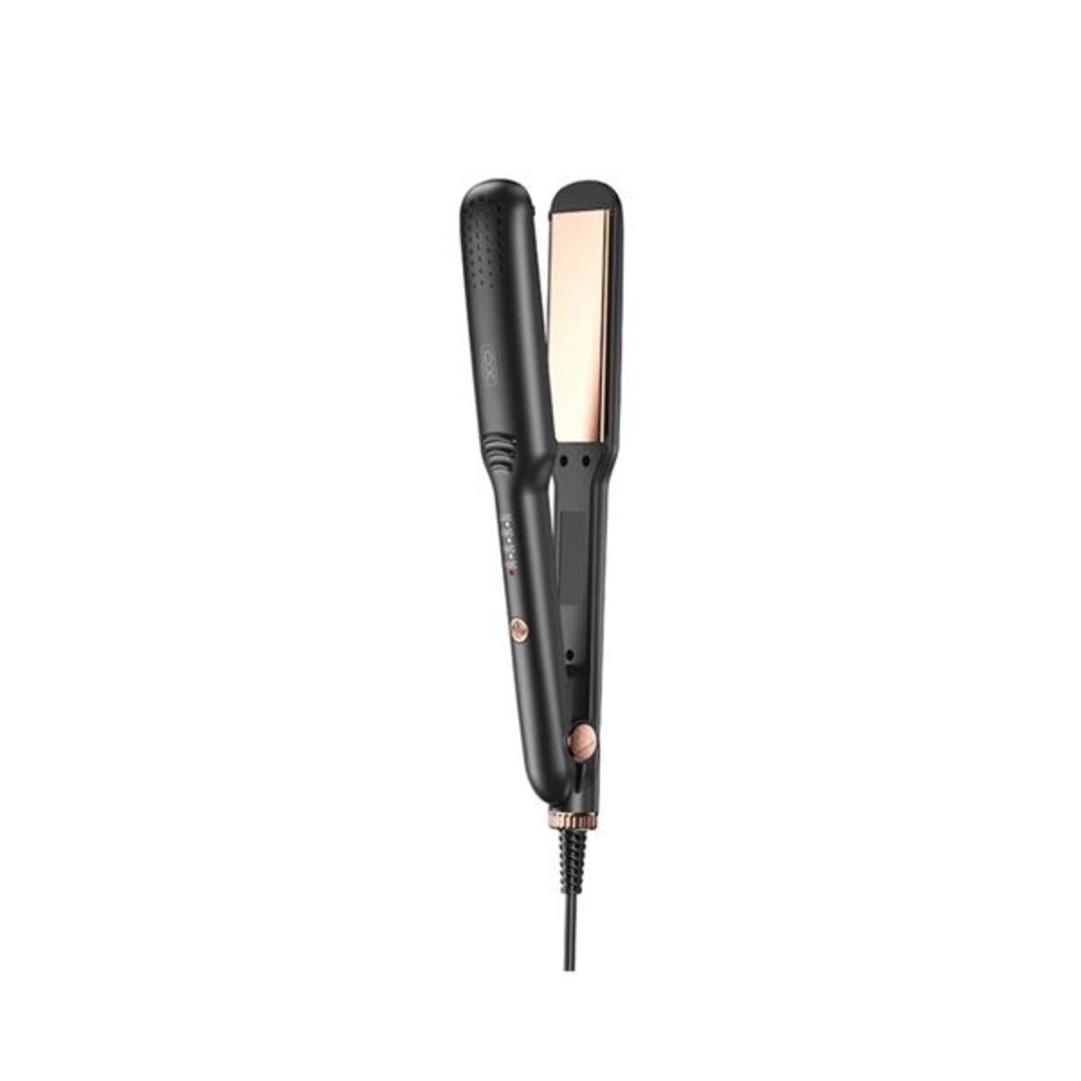 Plancha de pelo negra con placas doradas y botones de control.