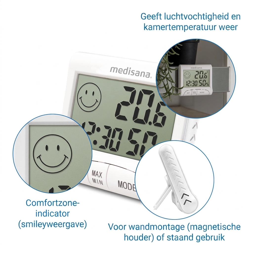 A medisana thermometer with smiley comfort indicator, showing 20.6°C and 50% humidity.