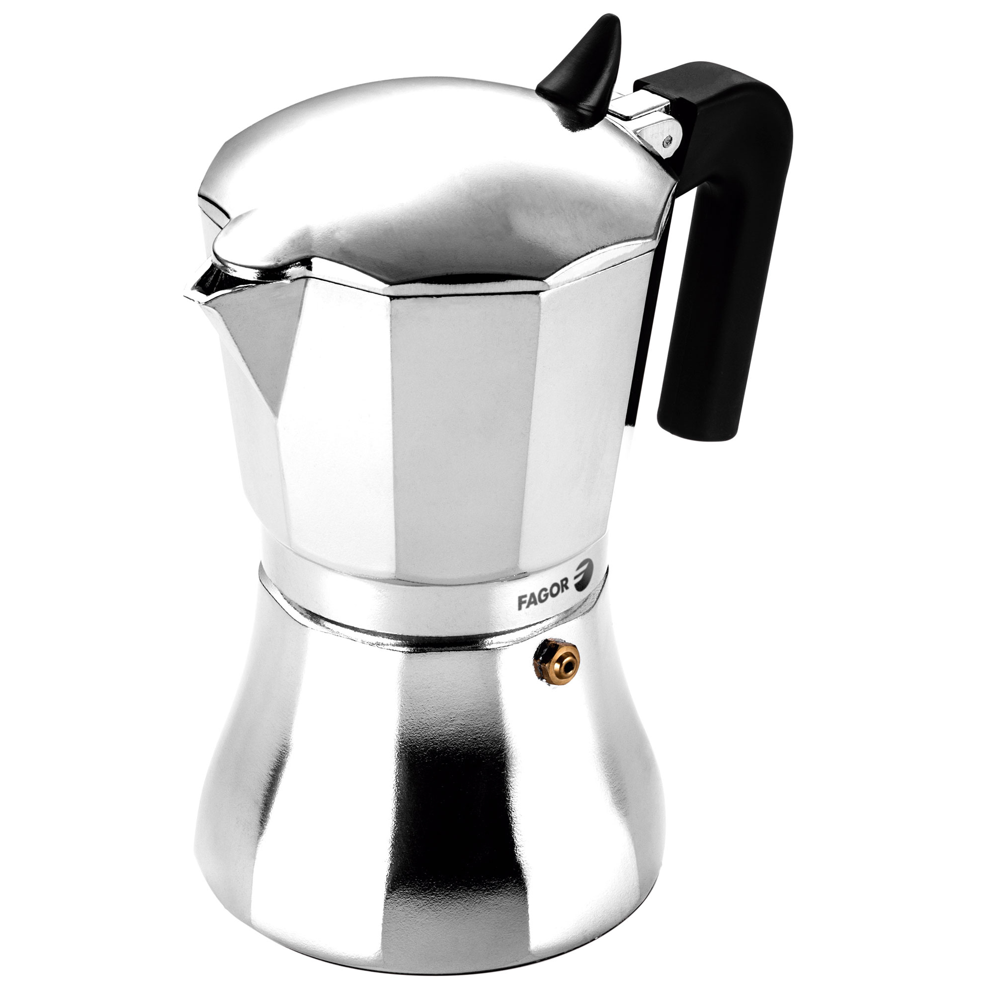 Caffettiera argento con manico nero, logo Fagor.
