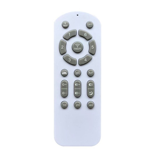 Un dispositivo de control remoto blanco con botones grises para funciones de ventilador y luz.