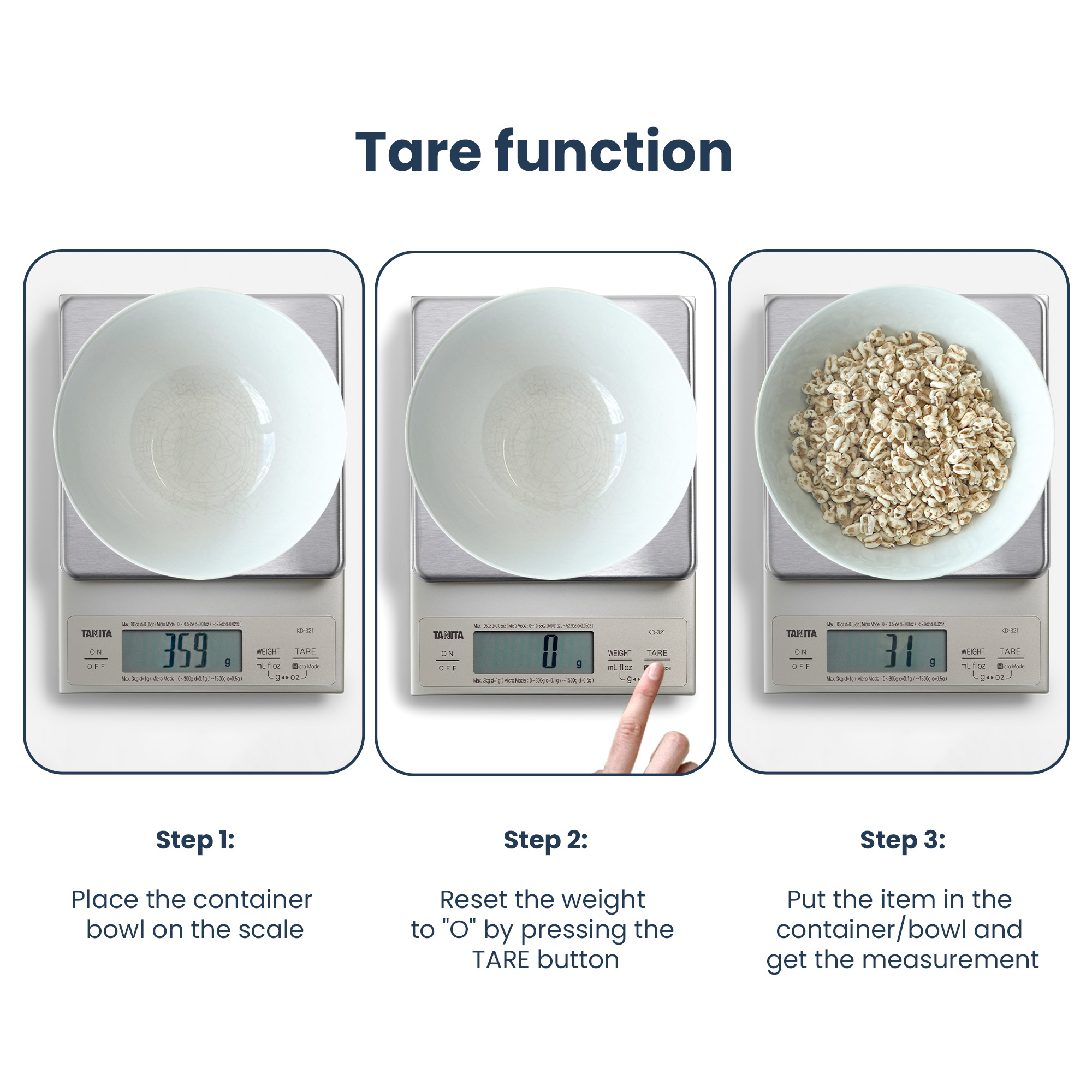 Three scales show steps for tare function: empty bowl, tare button, bowl with contents.