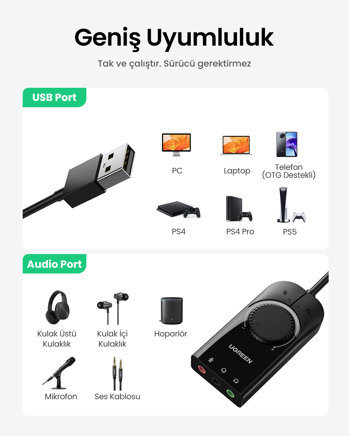 USB- und Audio-Ports mit Zubehör wie Kopfhörern, Mikrofonen und Konsolen.