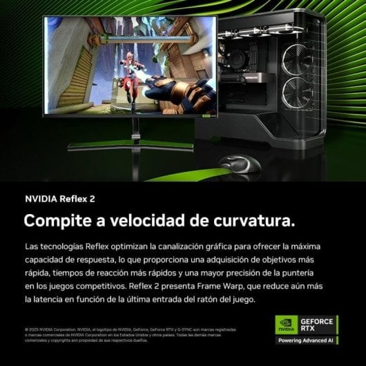 PC da gioco con scheda grafica RTX, monitor con gioco e mouse. NVIDIA Reflex 2.