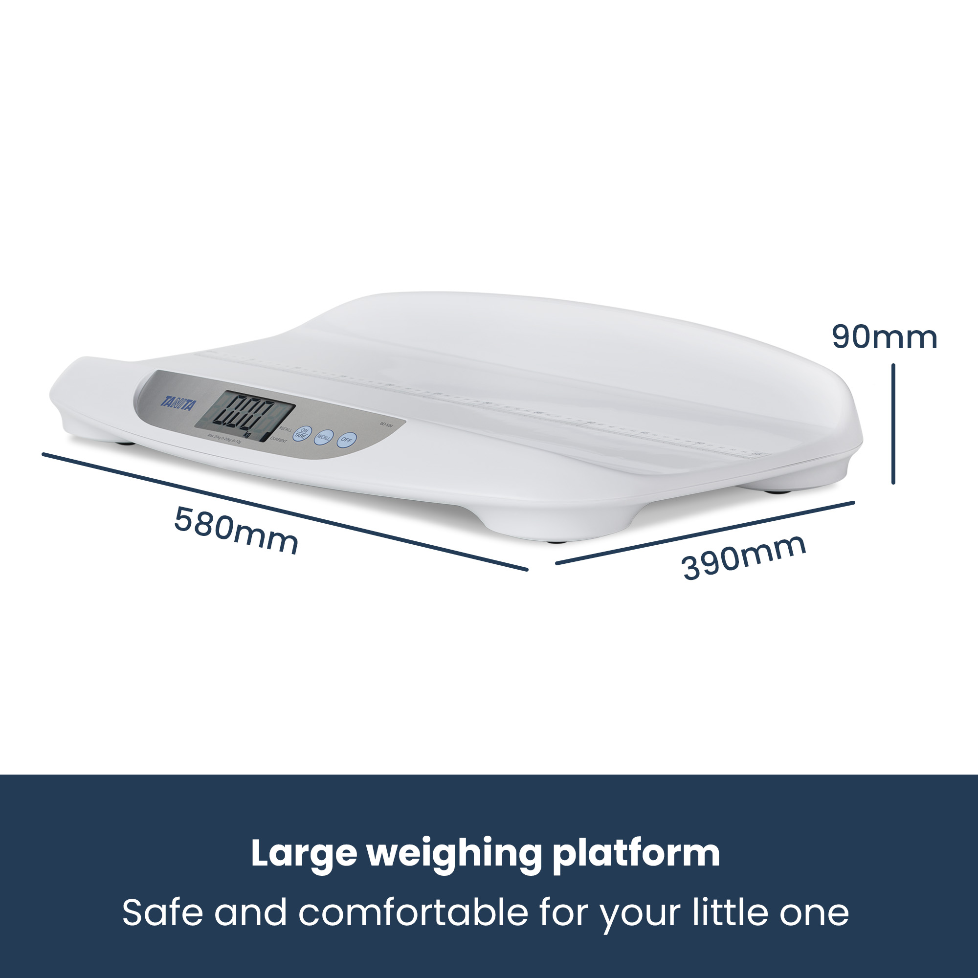 White baby scale with digital display, dimensions 580x390x90mm.