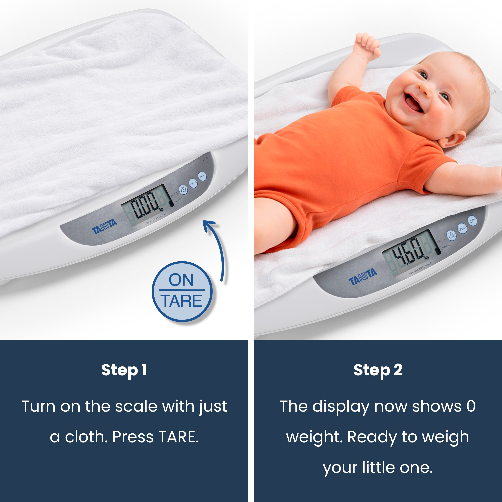 Two steps: 1. Scale with cloth showing 0. 2. Baby on scale showing 4.60kg.
