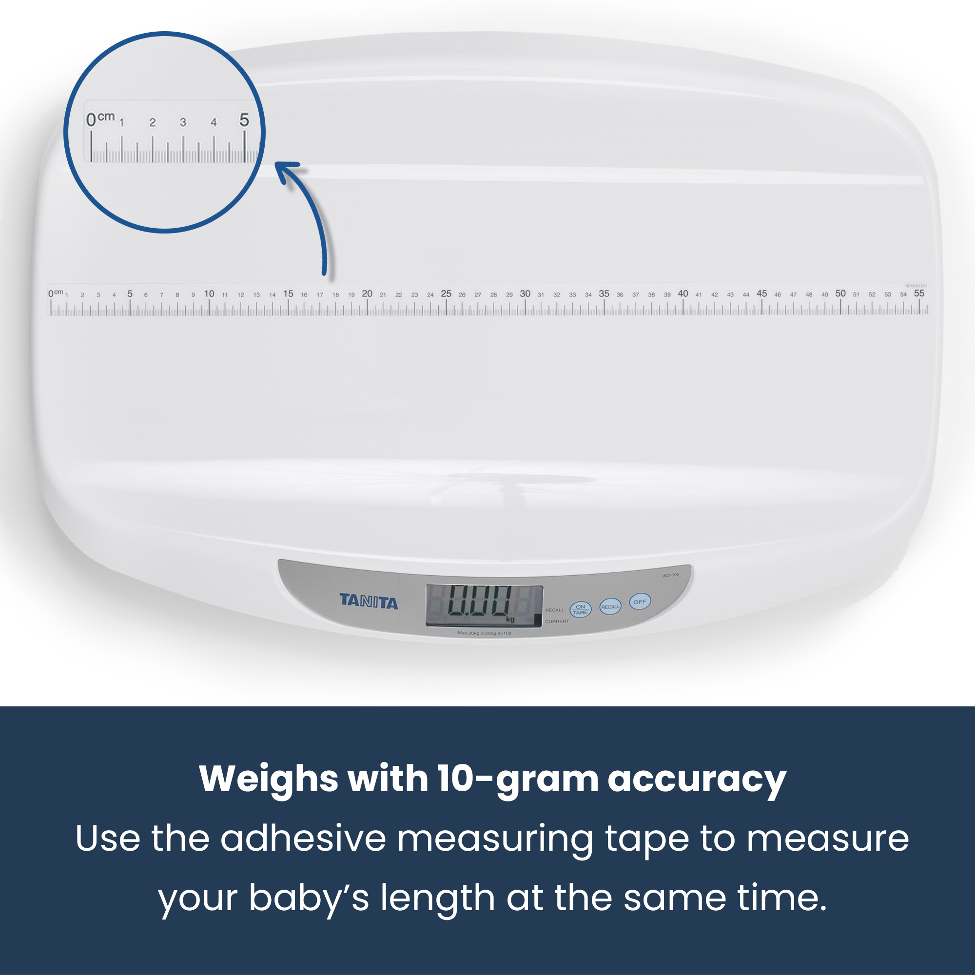 White baby scale with integrated measuring tape, digital display and buttons.