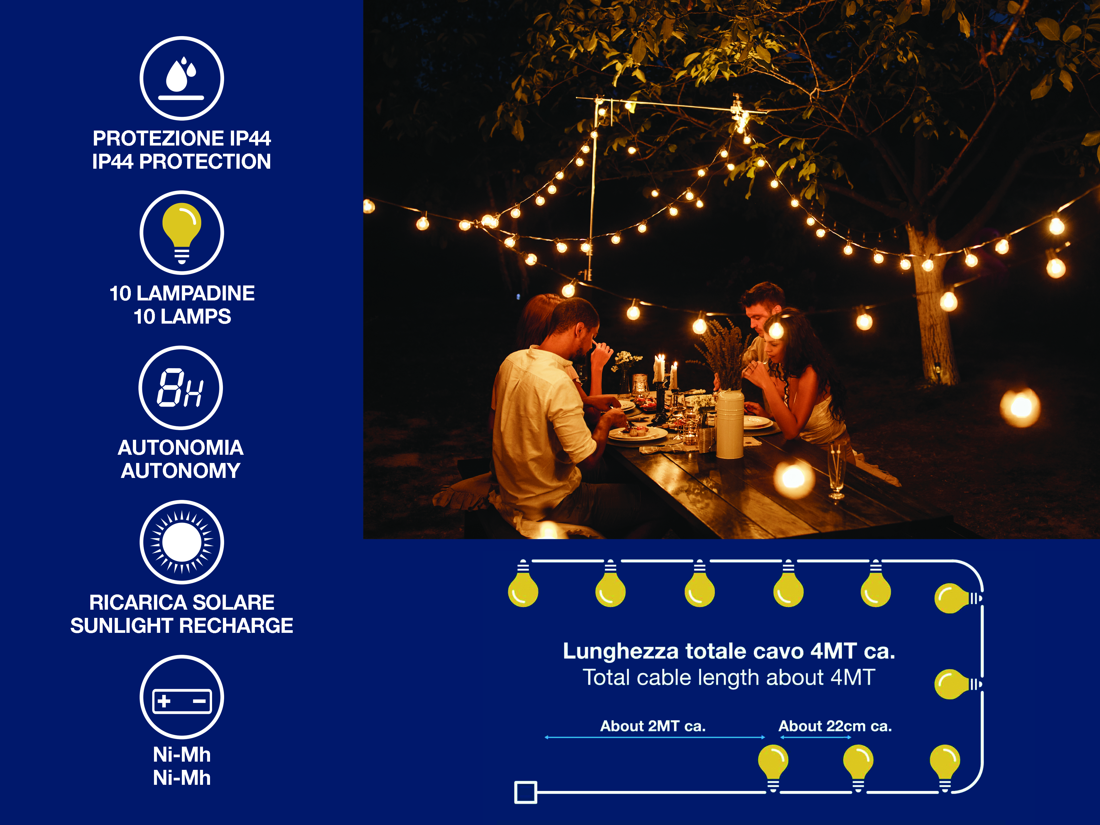 Persone che cenano all'aperto di notte sotto luci e candele. IP44.