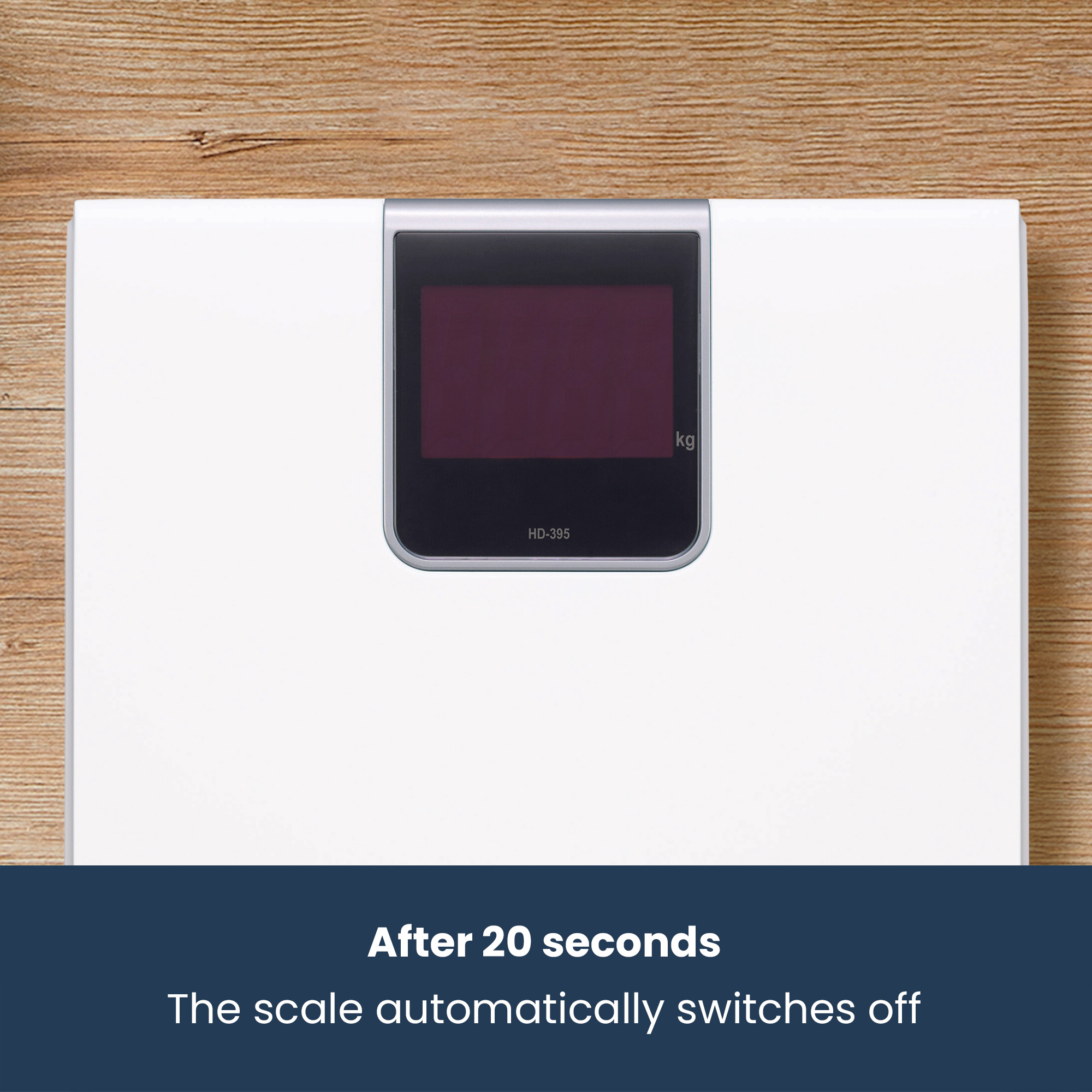 A white digital scale with a dark display on a wooden background.