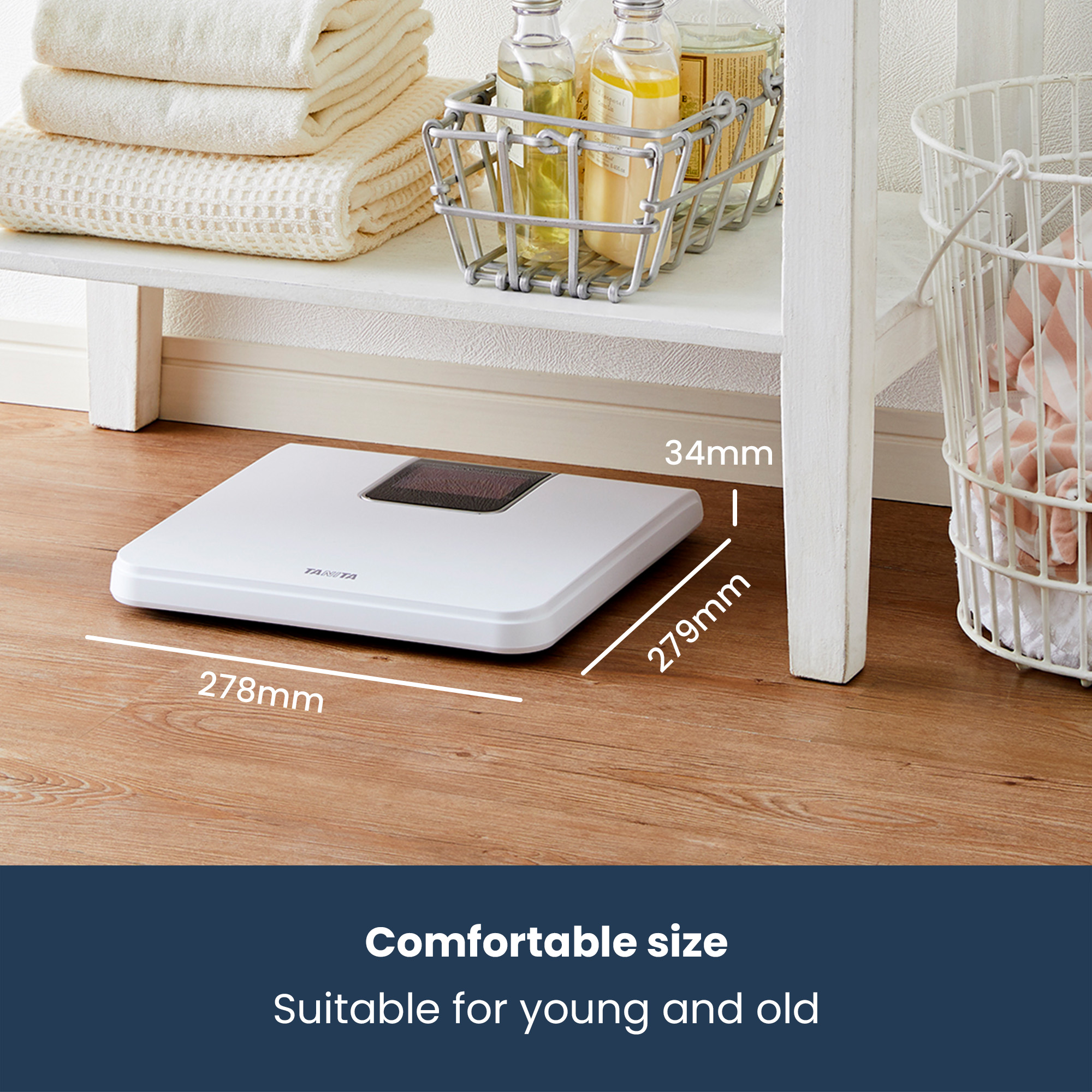 A white digital scale, measuring 278x279x34mm, rests on a wooden floor.