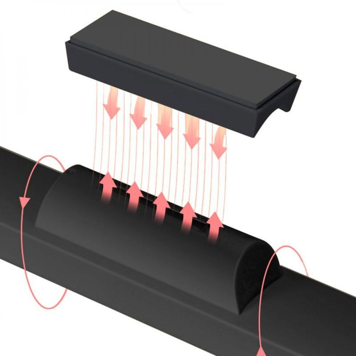 Plancha de pelo negra con flechas de calor que indican movimiento ascendente y descendente.