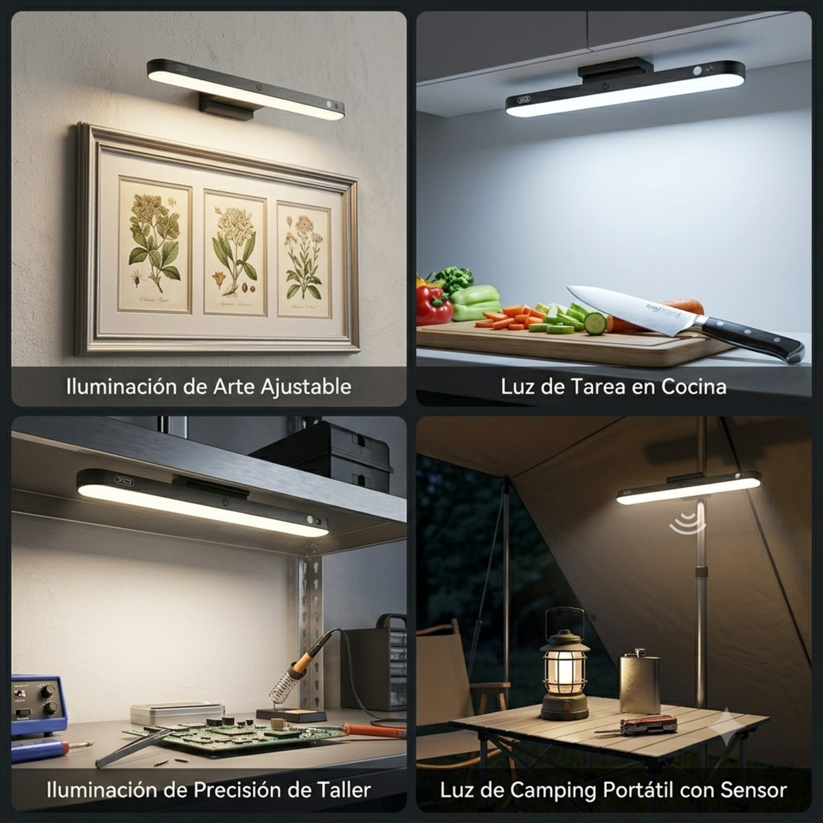 Cuatro escenas muestran una barra LED: sobre arte, cocina, taller, camping.