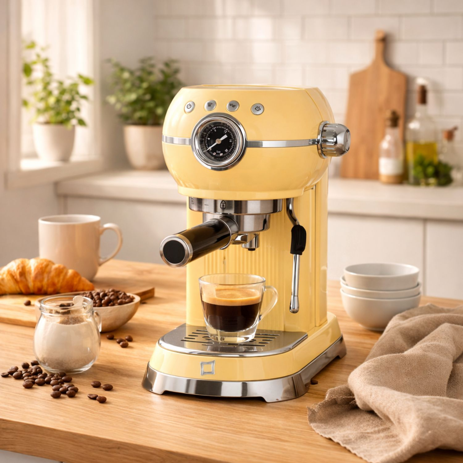 Una macchina per caffè espresso gialla su un tavolo di legno con caffè, croissant e zucchero.