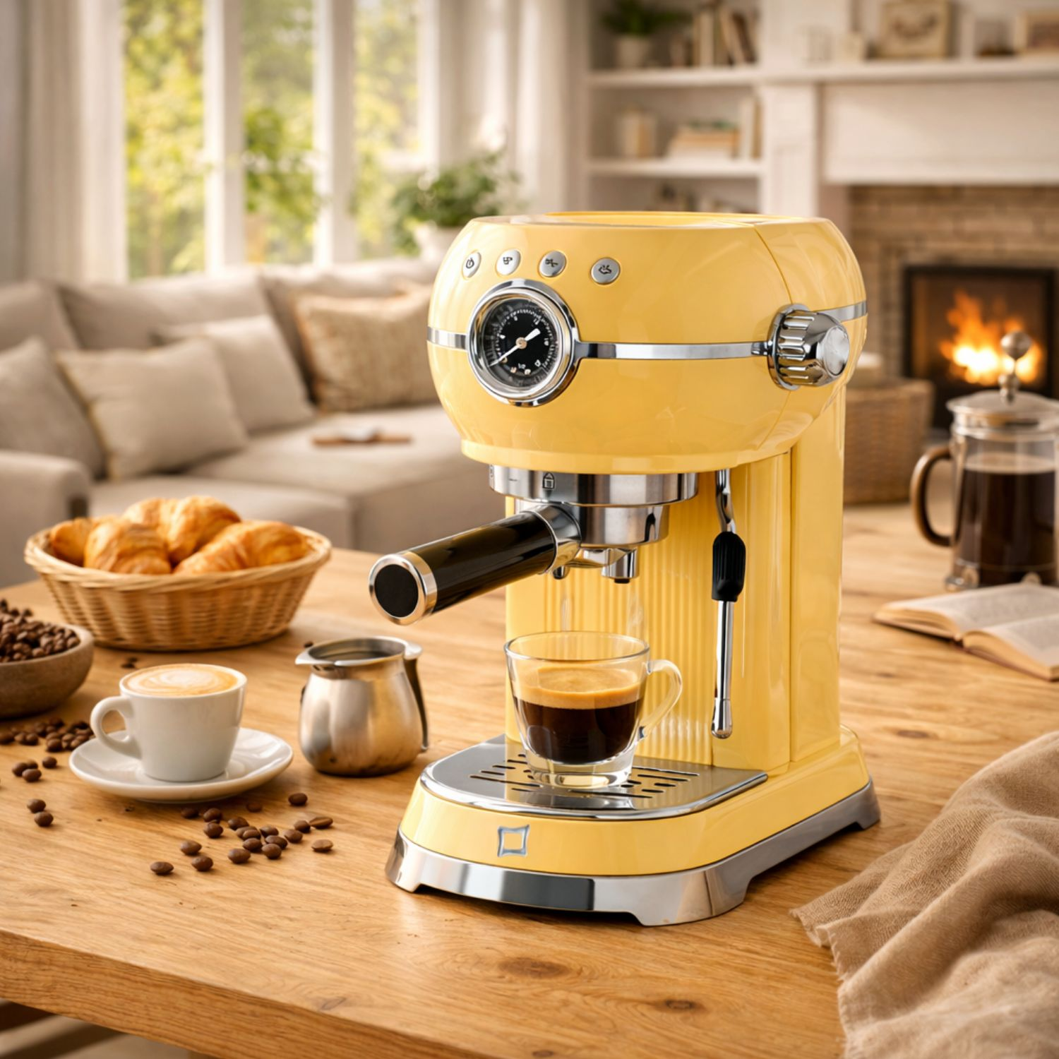 Una macchina per espresso gialla con caffè, croissant e un camino sullo sfondo.
