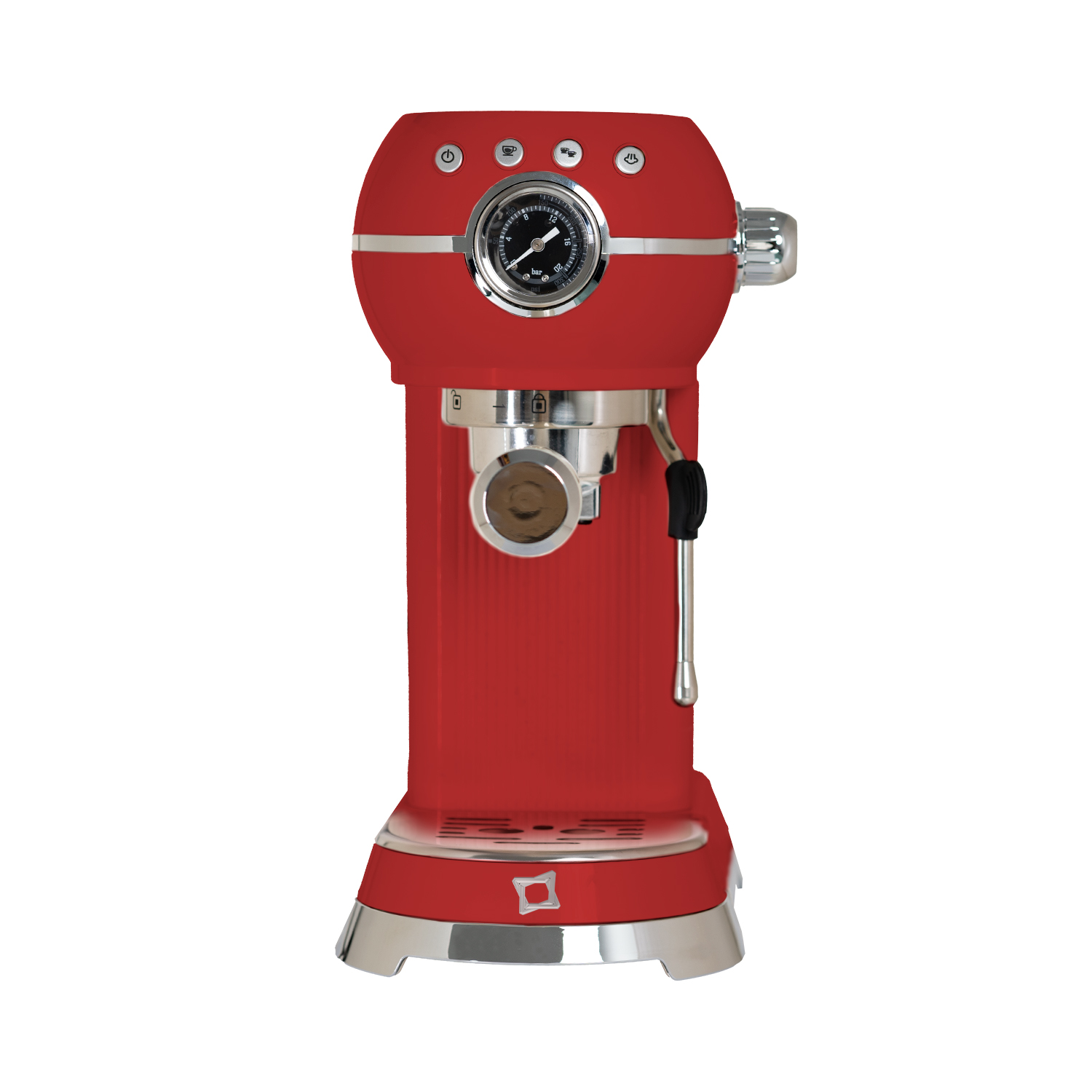 Una macchina per espresso rossa con accenti argentati e un manometro.