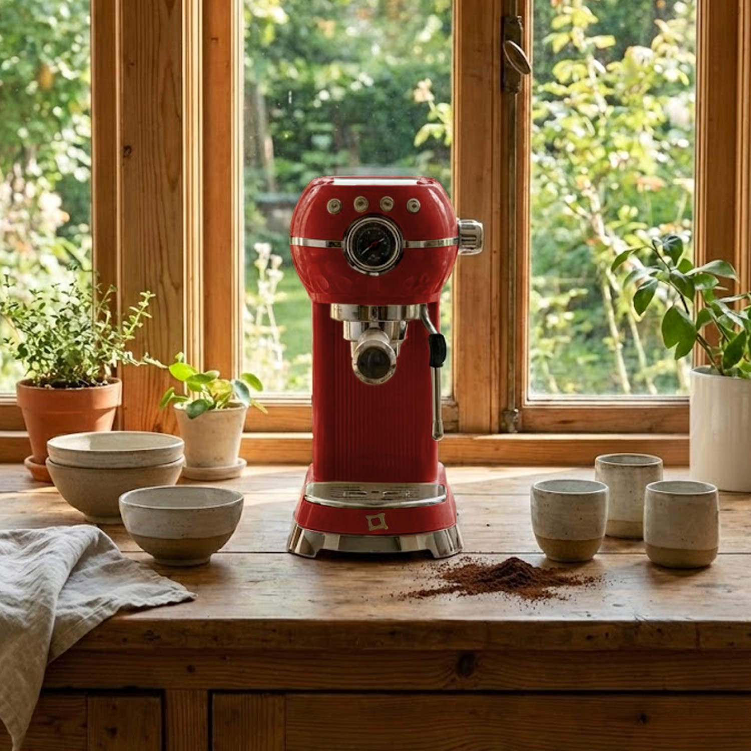 Macchina per espresso rossa su tavolo di legno con ciotole, tazze, piante e vista.