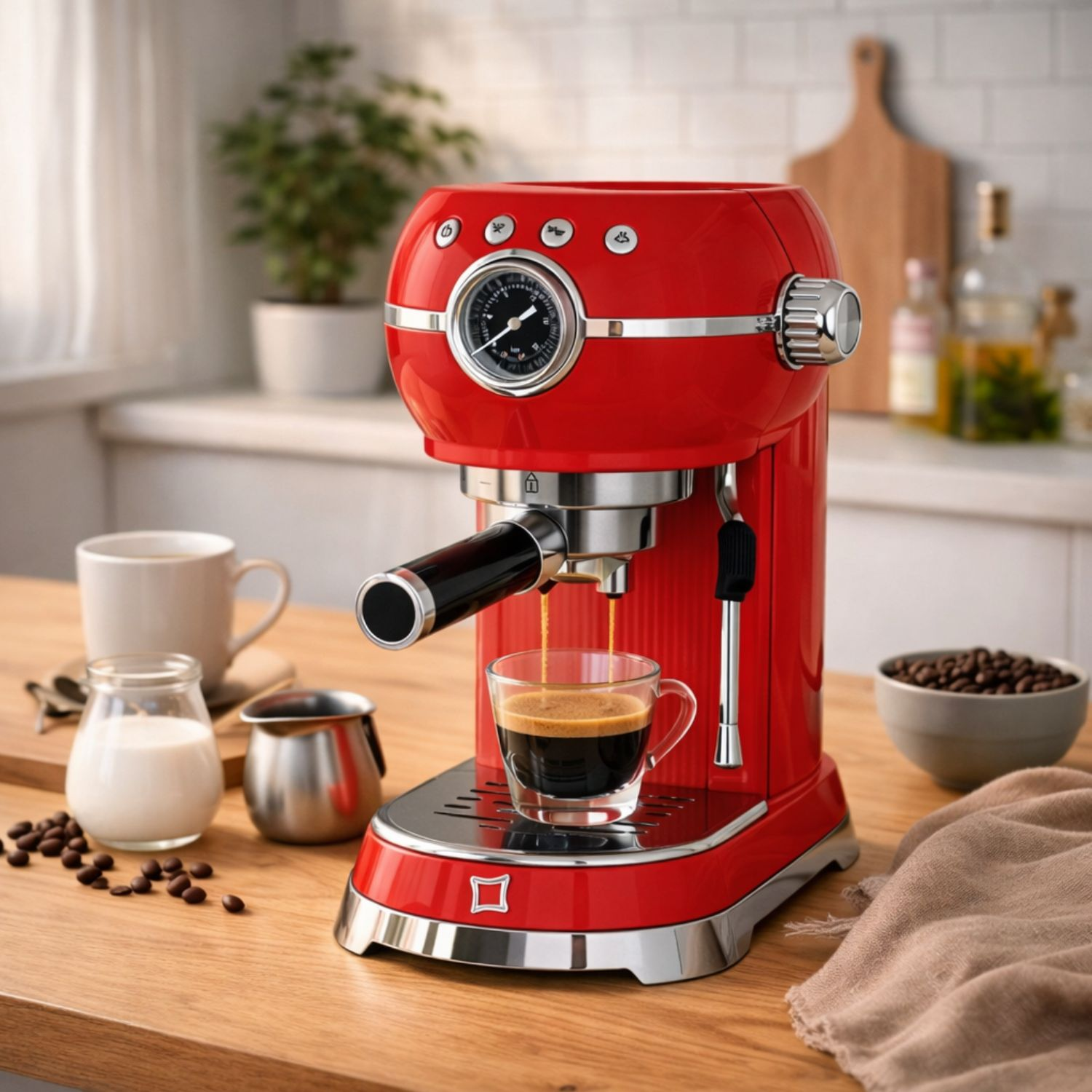 Macchina per espresso rossa che prepara caffè in tazza di vetro, con latte e chicchi.