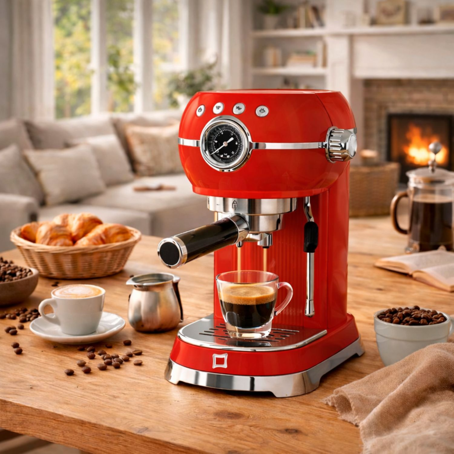Una macchina per espresso rossa prepara il caffè in un bicchierino. Nelle vicinanze ci sono croissant, chicchi e un libro.