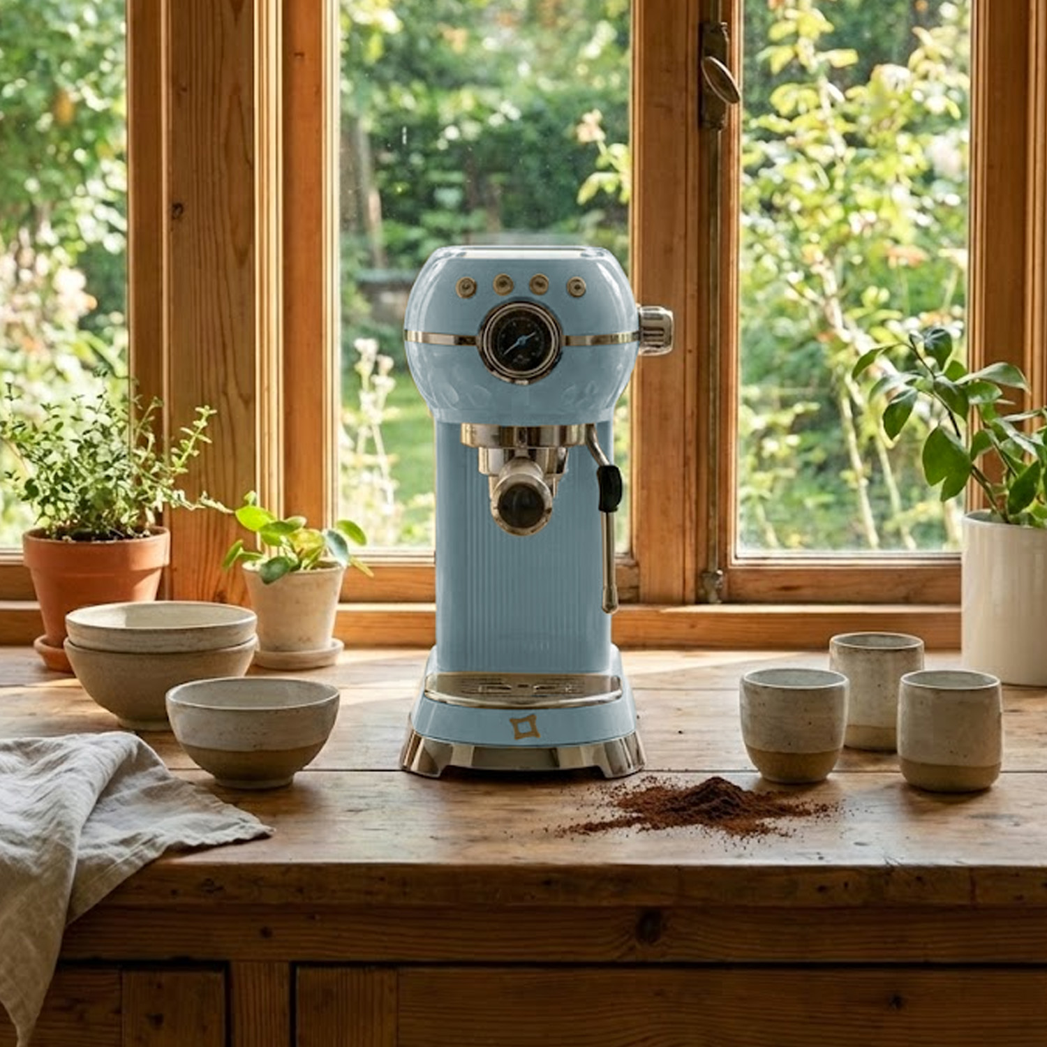 Una macchina per espresso blu su un bancone di legno con fondi di caffè e tazze.