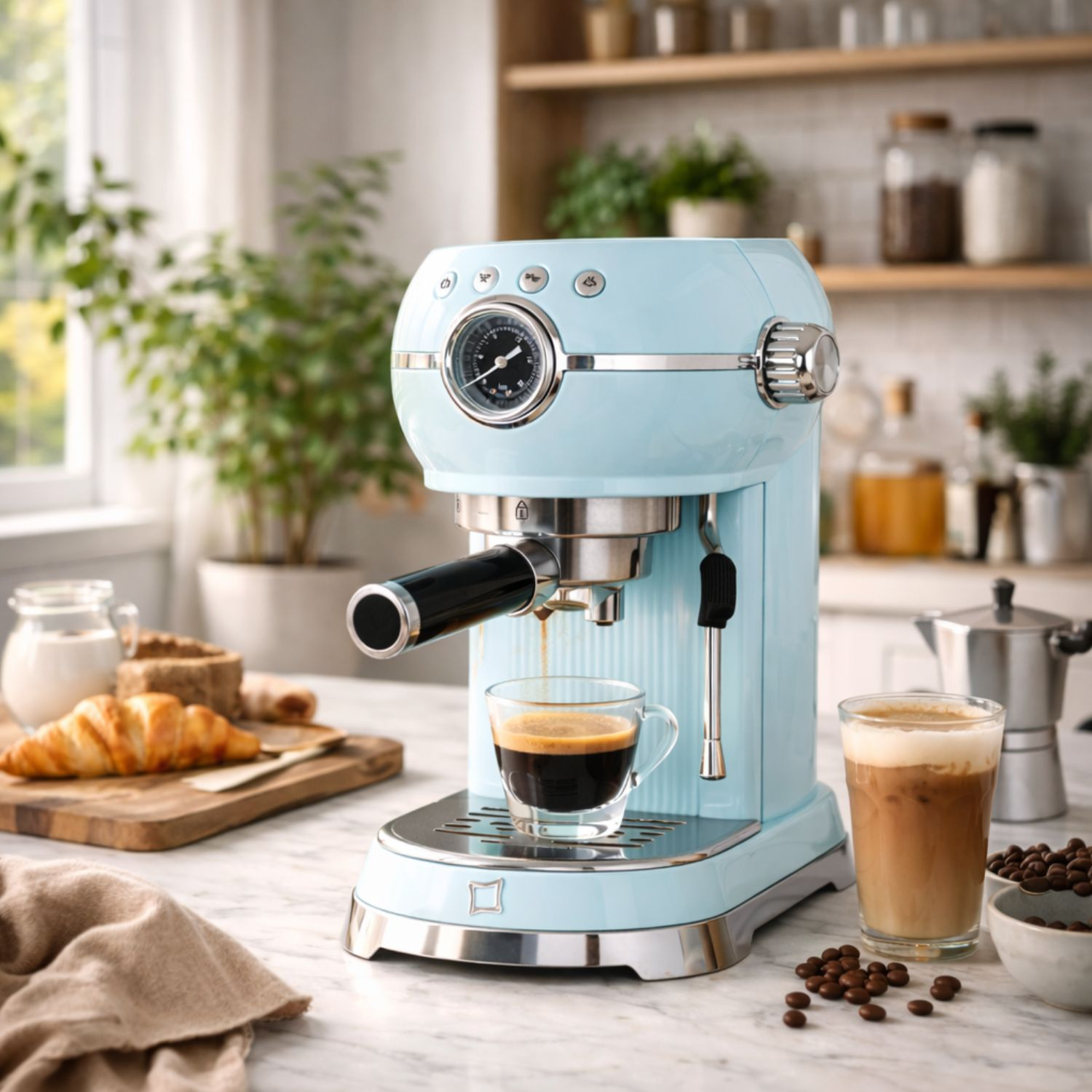 Una macchina per espresso azzurra in una cucina con caffè e croissant.