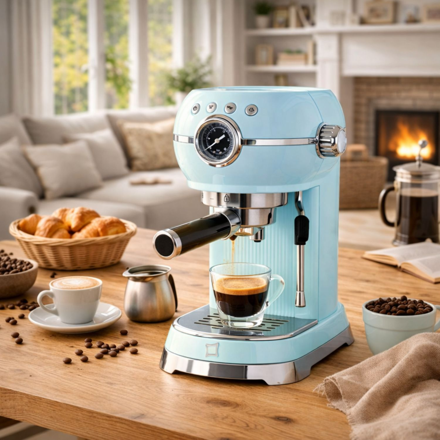 Una macchina per espresso azzurra prepara il caffè in una tazza su un tavolo di legno.