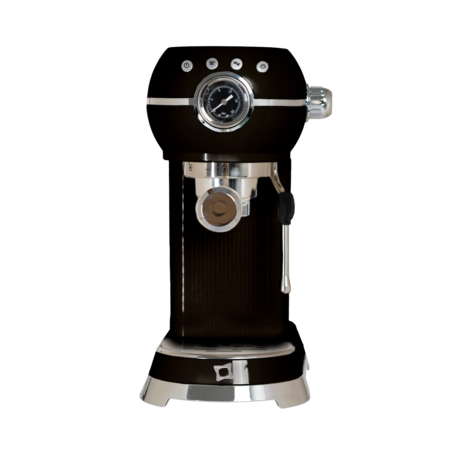 Una macchina per caffè espresso nera con accenti cromati e un manometro.