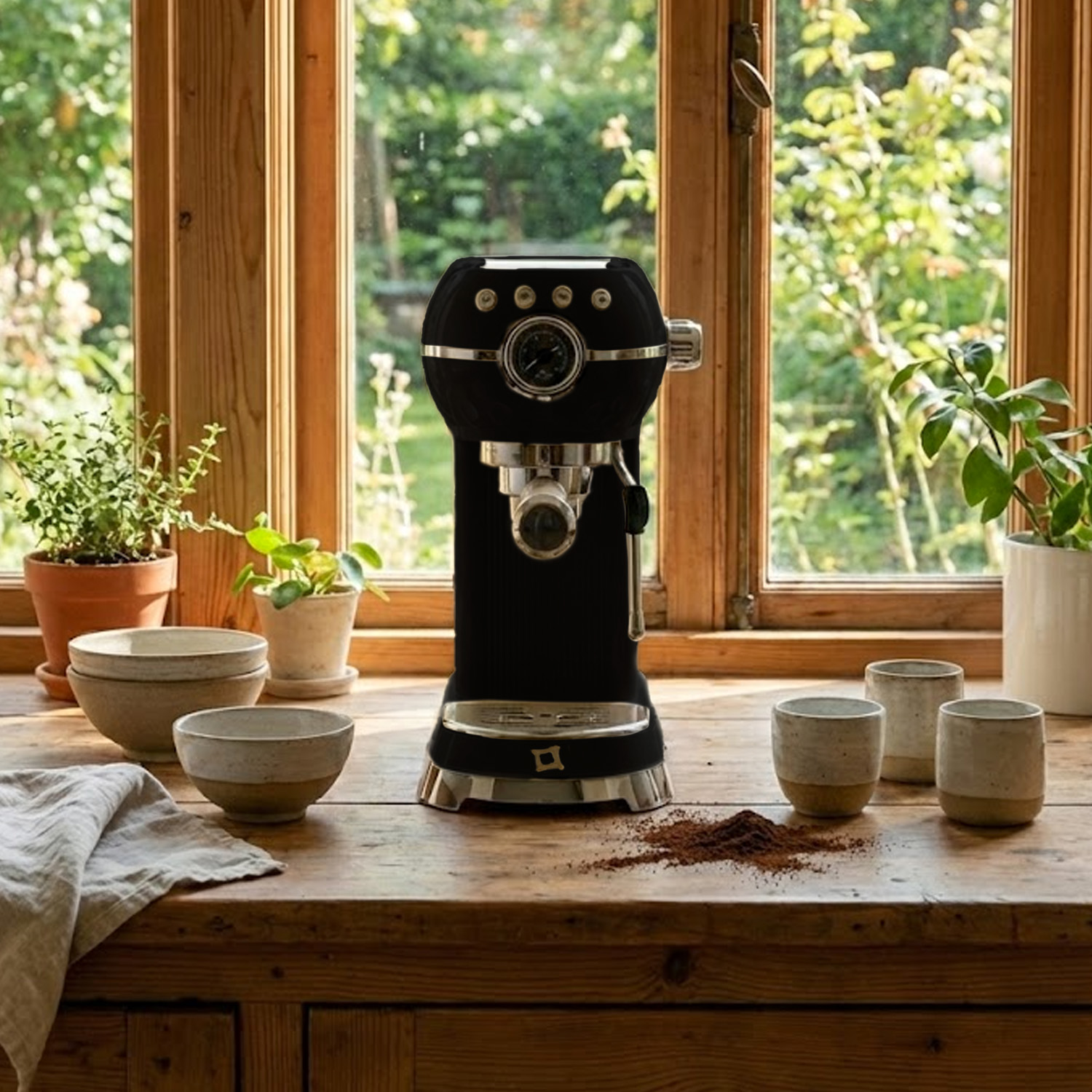 Una macchina per espresso nera su un tavolo di legno con fondi di caffè e tazze.
