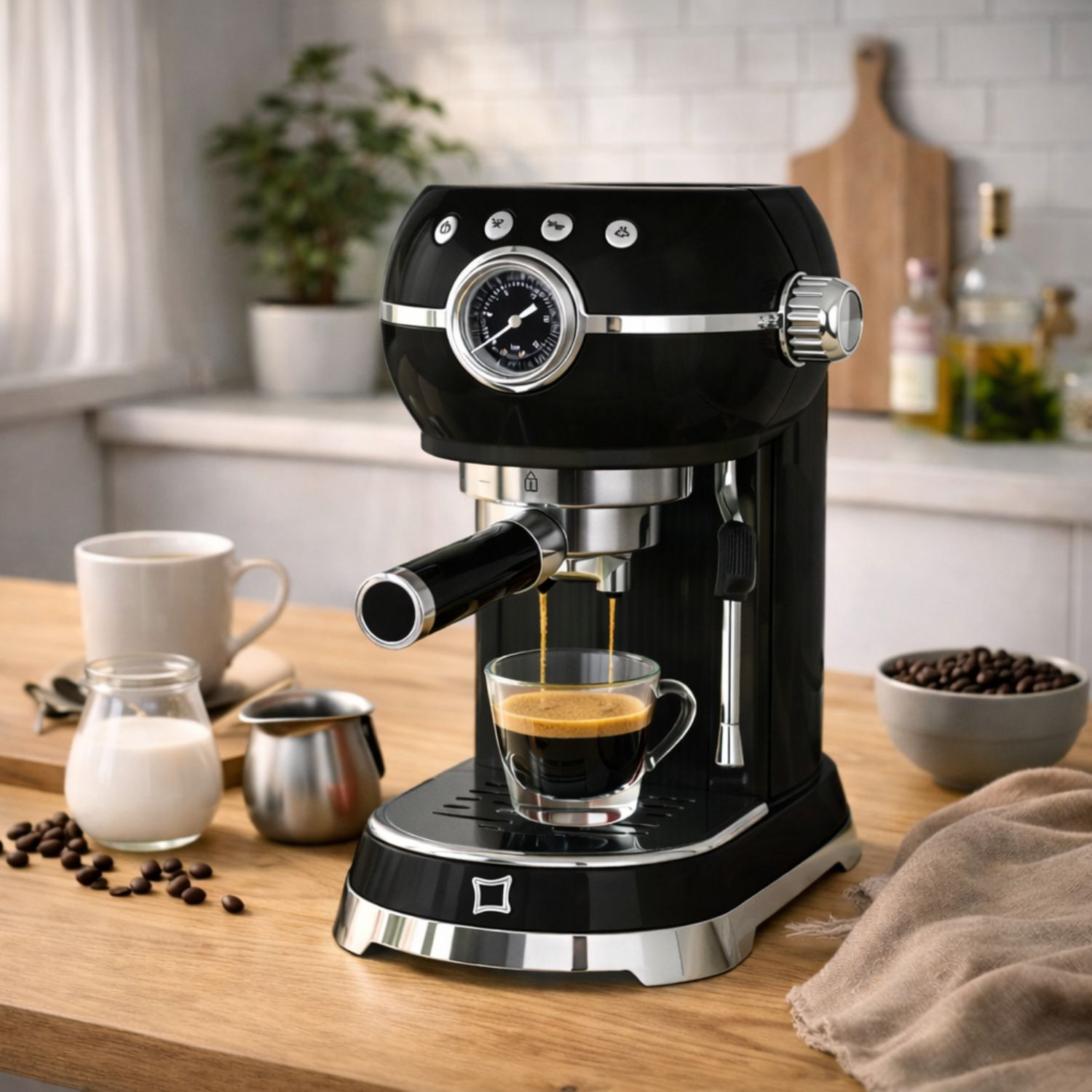 Una macchina per espresso nera prepara caffè in una tazza, con latte e chicchi nelle vicinanze.