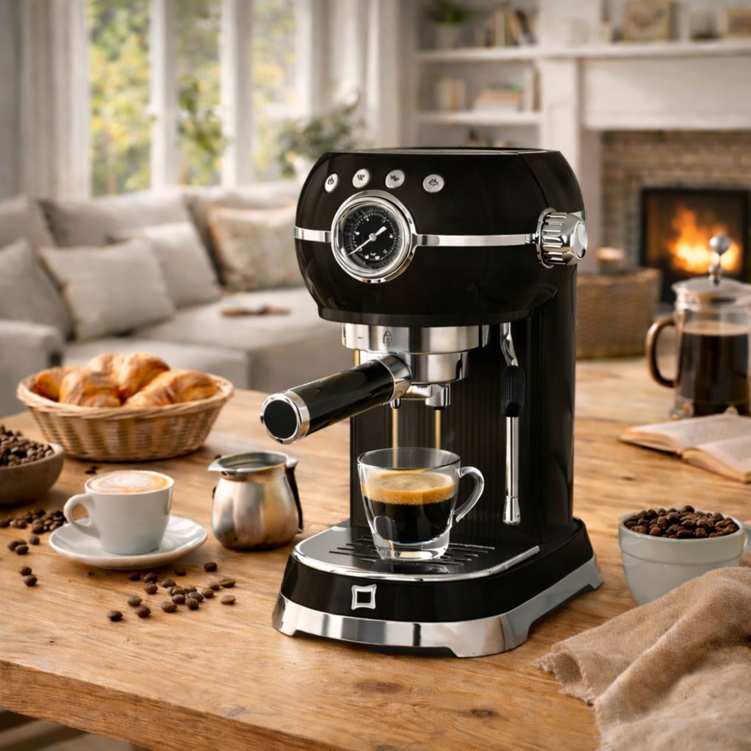 Macchina per espresso nera che prepara un espresso in una tazza di vetro. Croissant e chicchi di caffè nelle vicinanze.