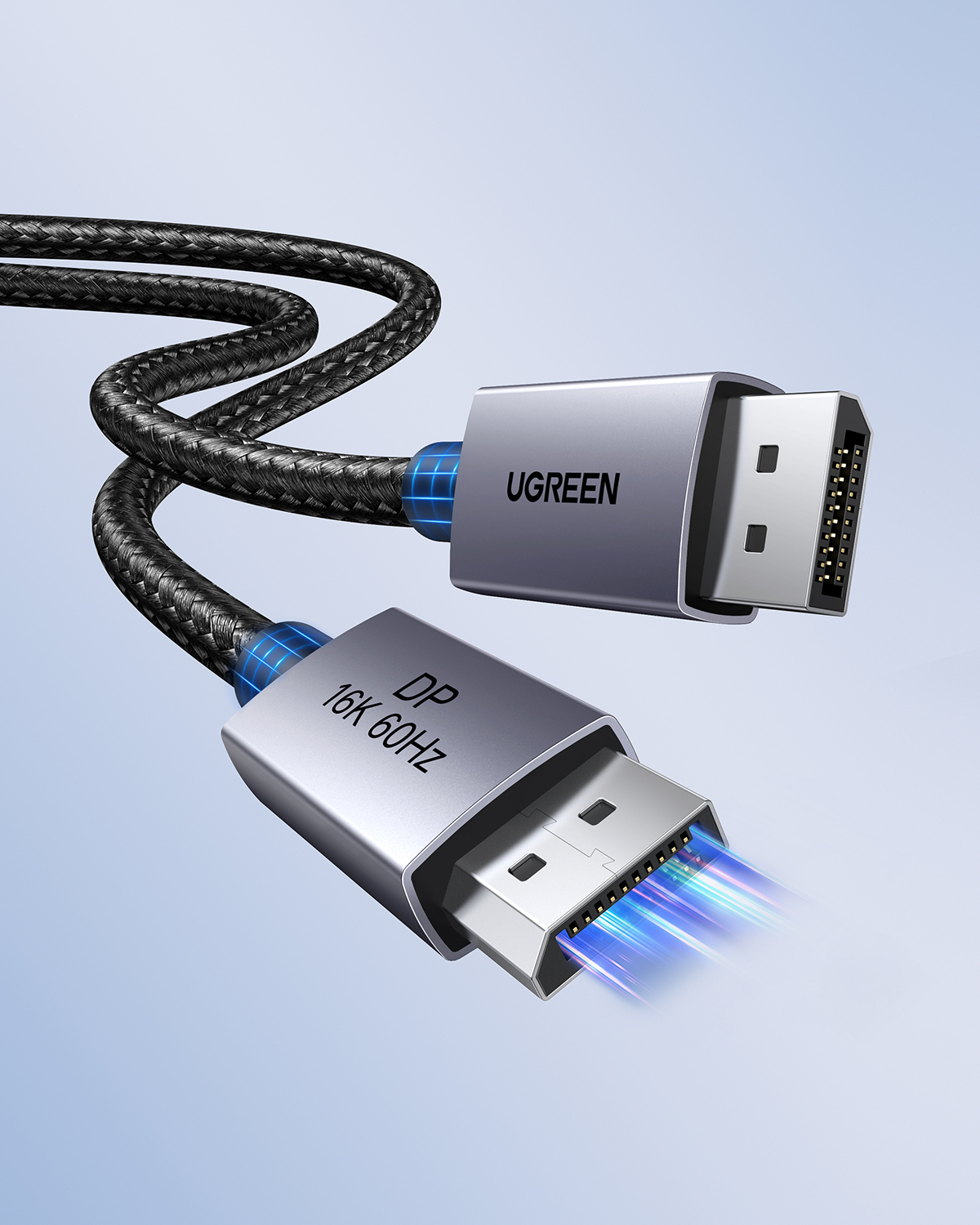 Cavo DisplayPort intrecciato nero con connettori argentati, etichettato UGREEN e 16K 60Hz.