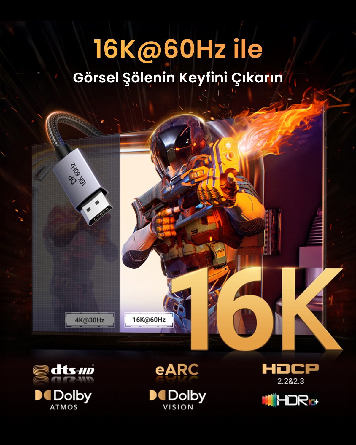 Un cavo display che supporta 16K@60Hz accanto a un guerriero futuristico.