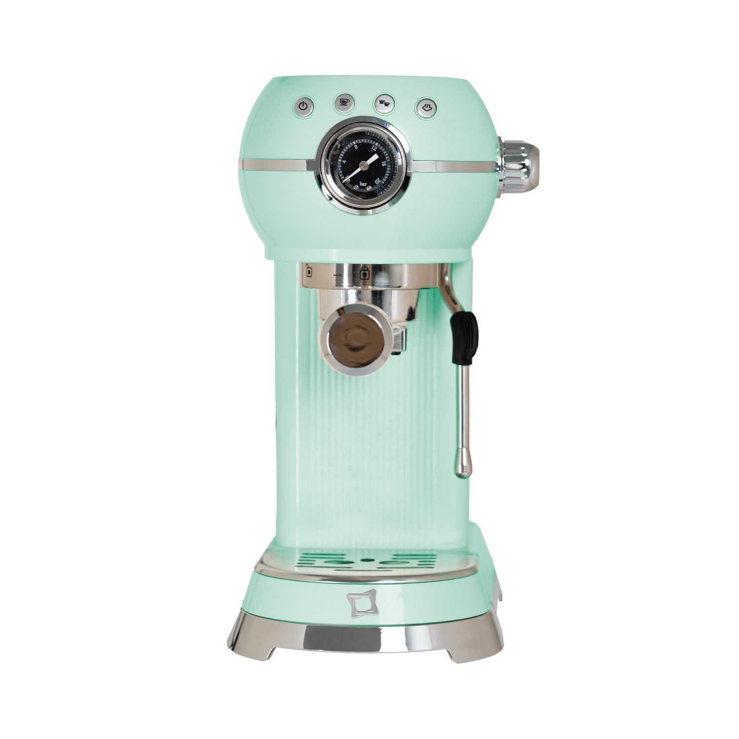 Una macchina per espresso retrò verde menta con quadrante e pulsanti cromati su sfondo bianco.
