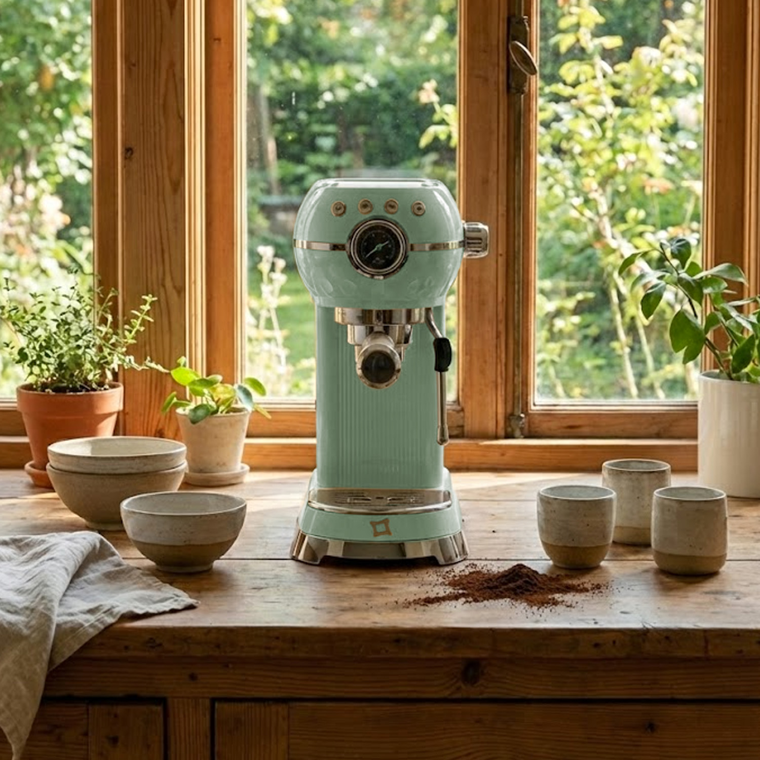 Una macchina per espresso color verde acqua su un bancone di legno con fondi di caffè e tazze.
