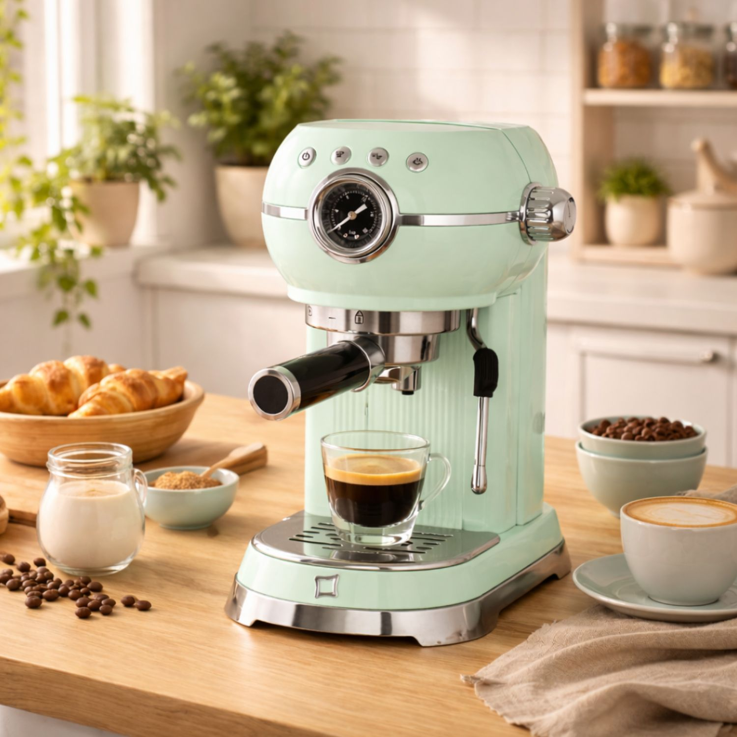 Una macchina per espresso verde menta con espresso, croissant, latte e chicchi di caffè.