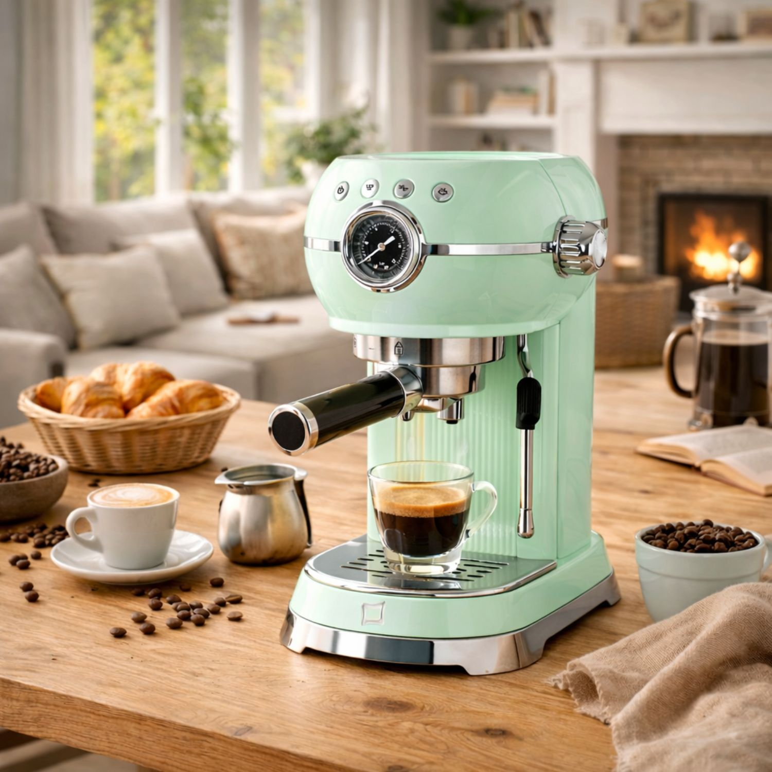 Una macchina per espresso verde menta prepara il caffè in una tazza di vetro su un tavolo di legno.