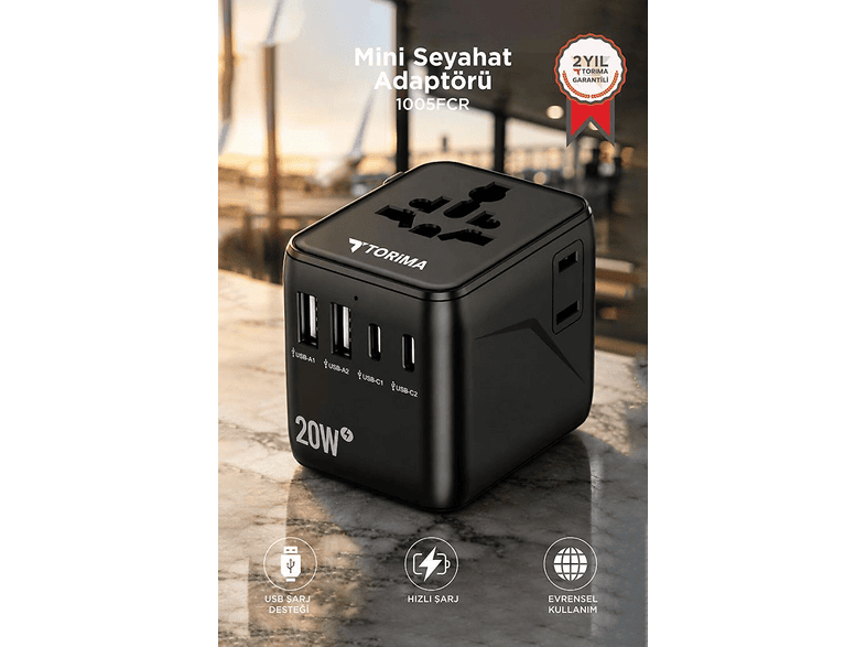 TORIMA 1005FCR Mini Boy Evrensel 20W GaN III Hızlı Şarjlı Akıllı Dünya Prizi Seyahat Adaptörü