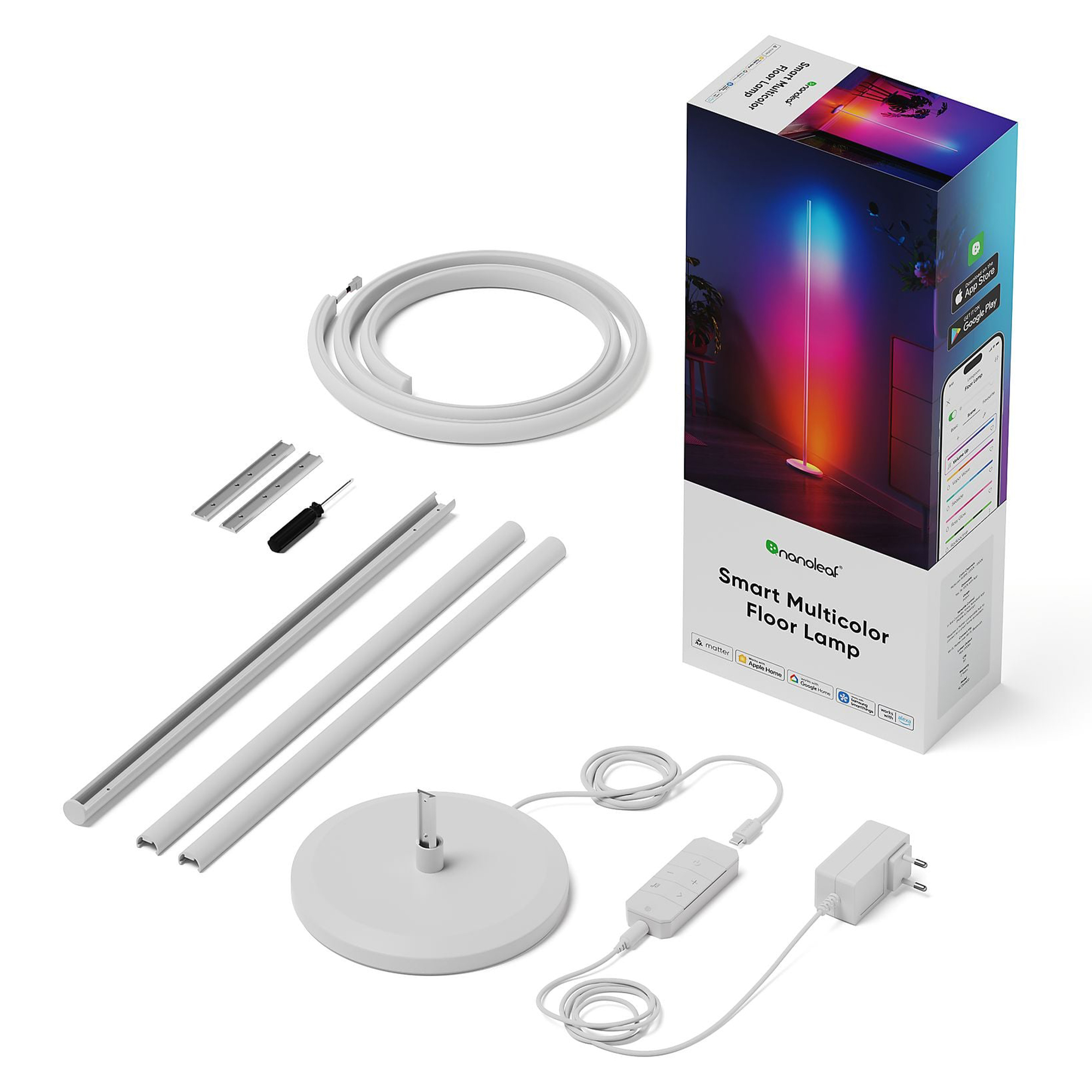 Nanoleaf Akıllı Çok Renkli Zemin Lambası parçaları beyaz zeminde.