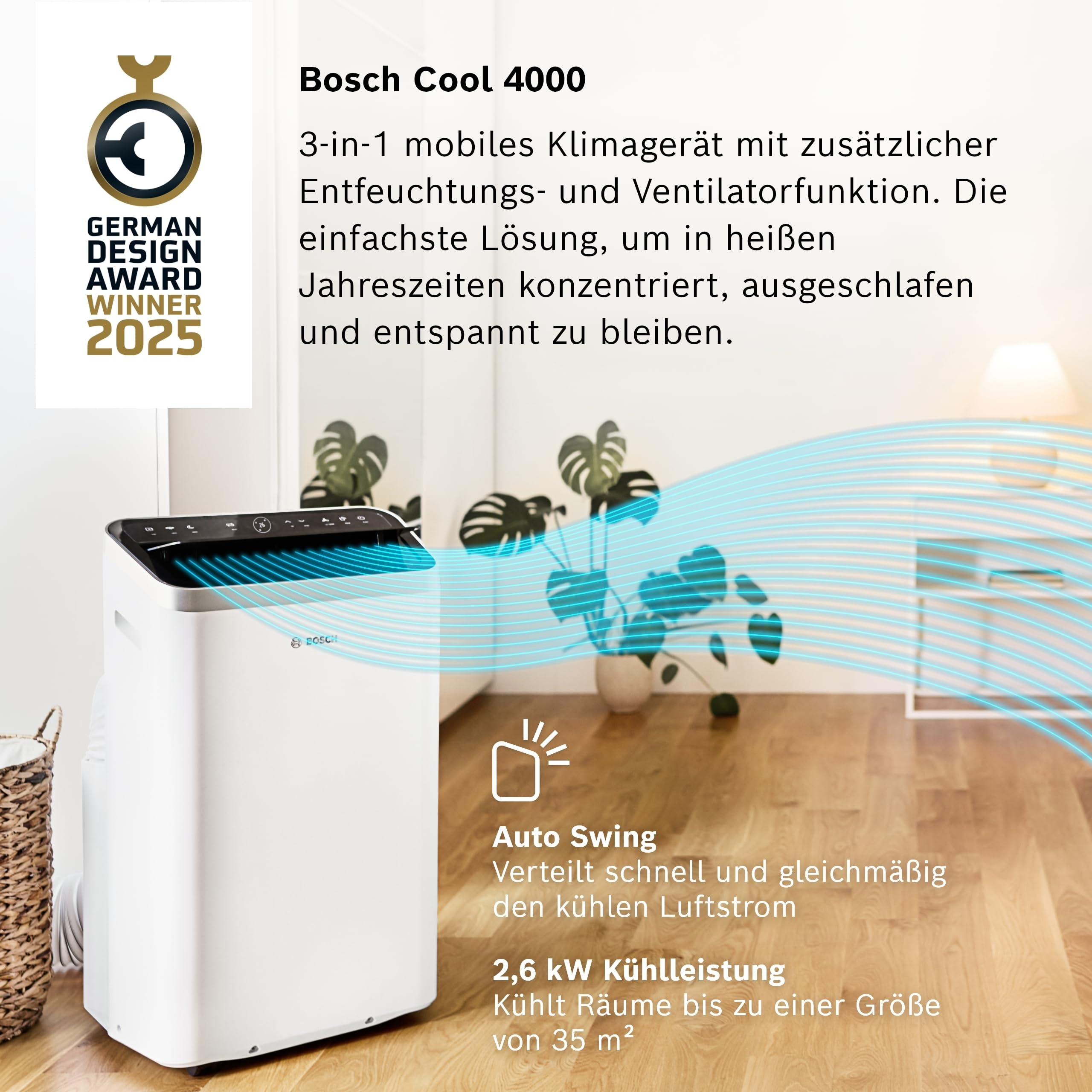 Bosch Cool 4000 mobiele airco met auto swing & 2,6 kW koelvermogen.