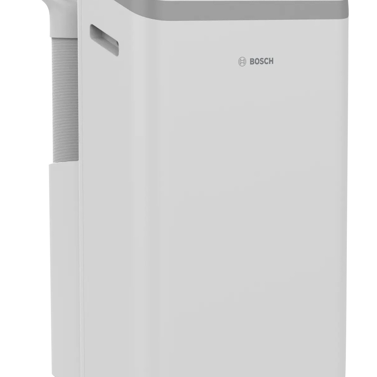 Een witte draagbare airconditioner toren met grijze bovenkant en Bosch logo.