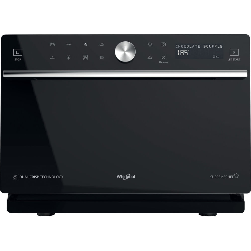 Black Whirlpool oven with digital display showing 'CHOCOLATE SOUFFLE 185'.