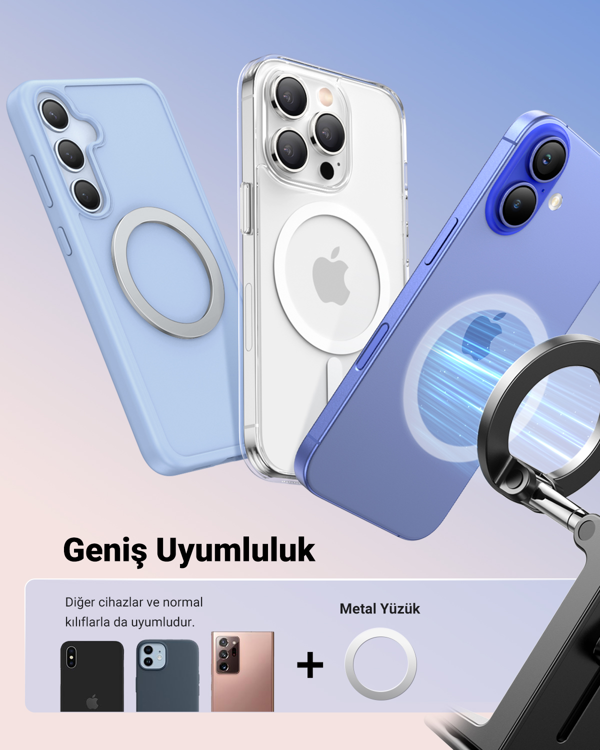 Açık mavi, şeffaf ve mor renklerde üç telefon kılıfı. Biri şeffaftır.