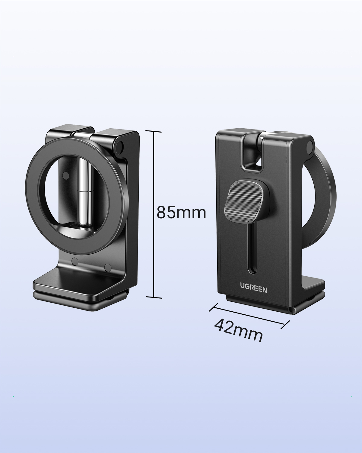 Boyut belirtileri olan iki siyah telefon tutucu: 85mm ve 42mm.