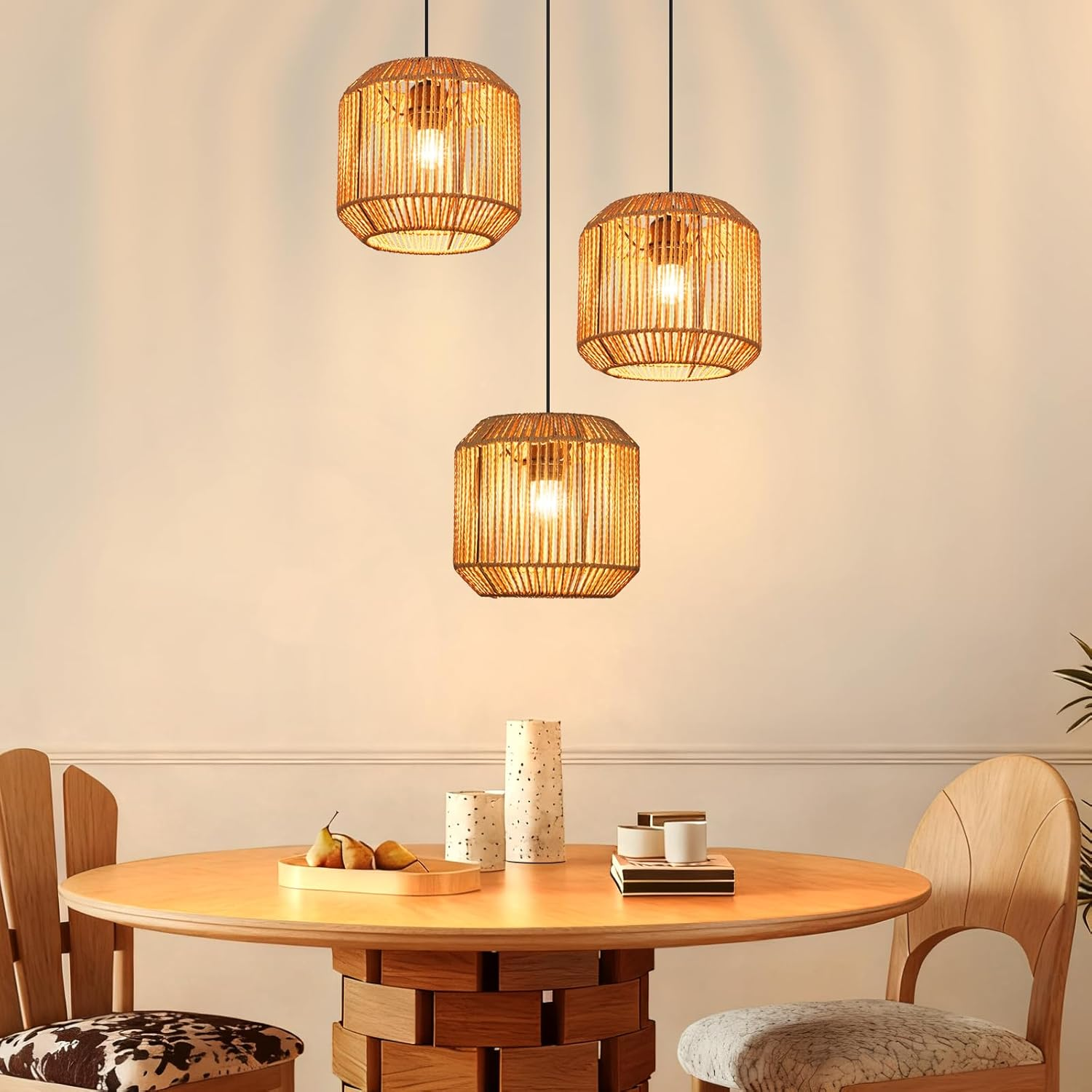 Tre lampade a sospensione intrecciate sopra un tavolo di legno con frutta e candele.