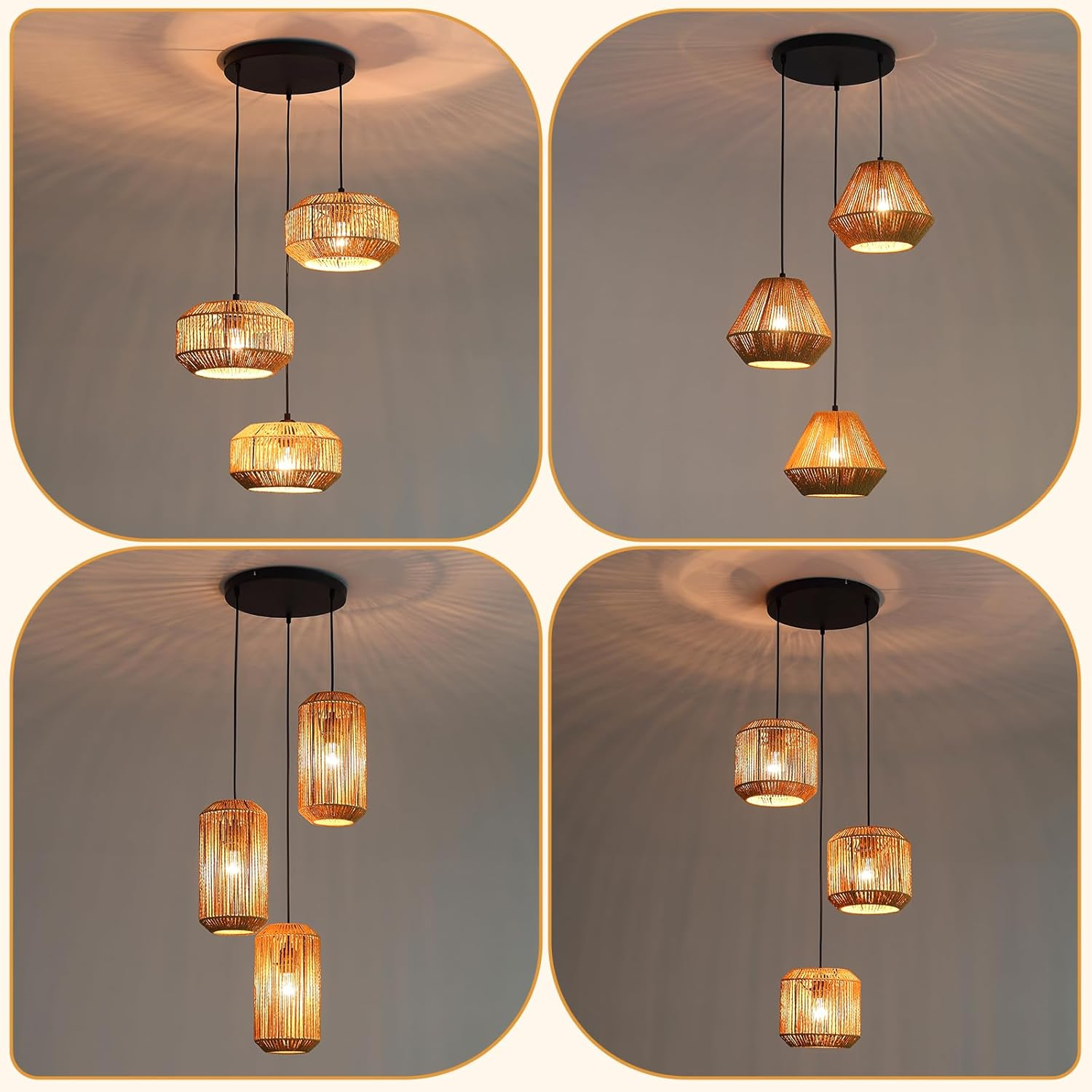Quattro lampade a sospensione con paralumi naturali intrecciati, un set di paralumi rotondi, conici e cilindrici.